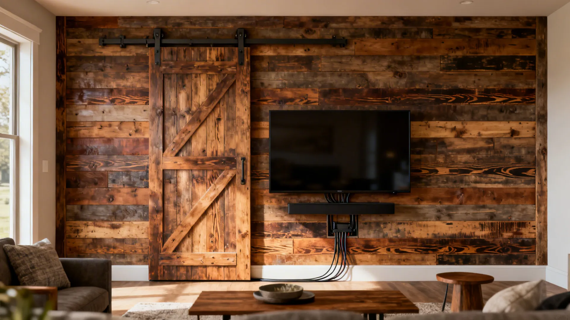 Reclaimed wood panel and sliding barn door accent used as a textured TV backdrop