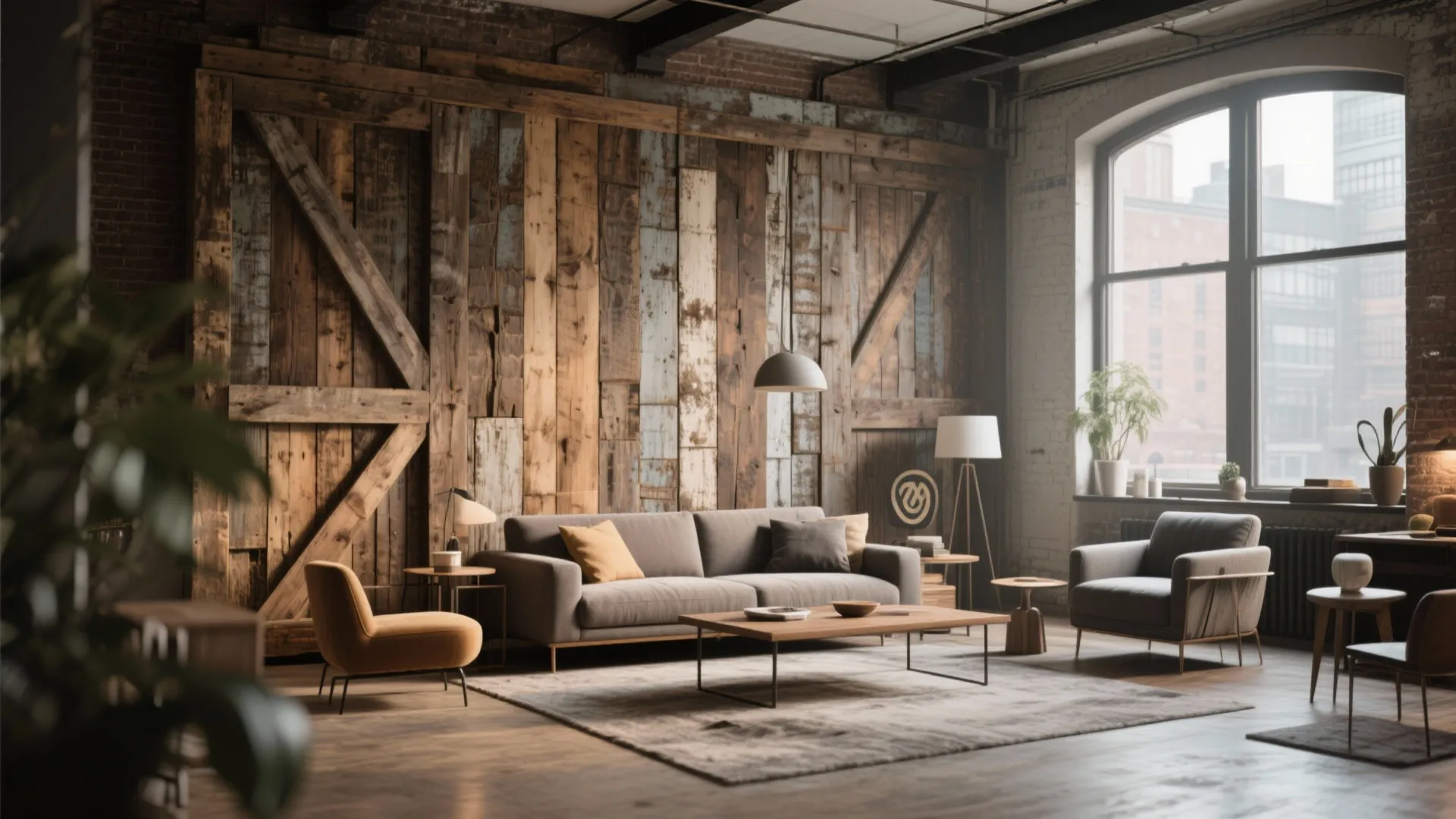Industrial loft living room with large wood wall panel grey sofa armchair and large windows