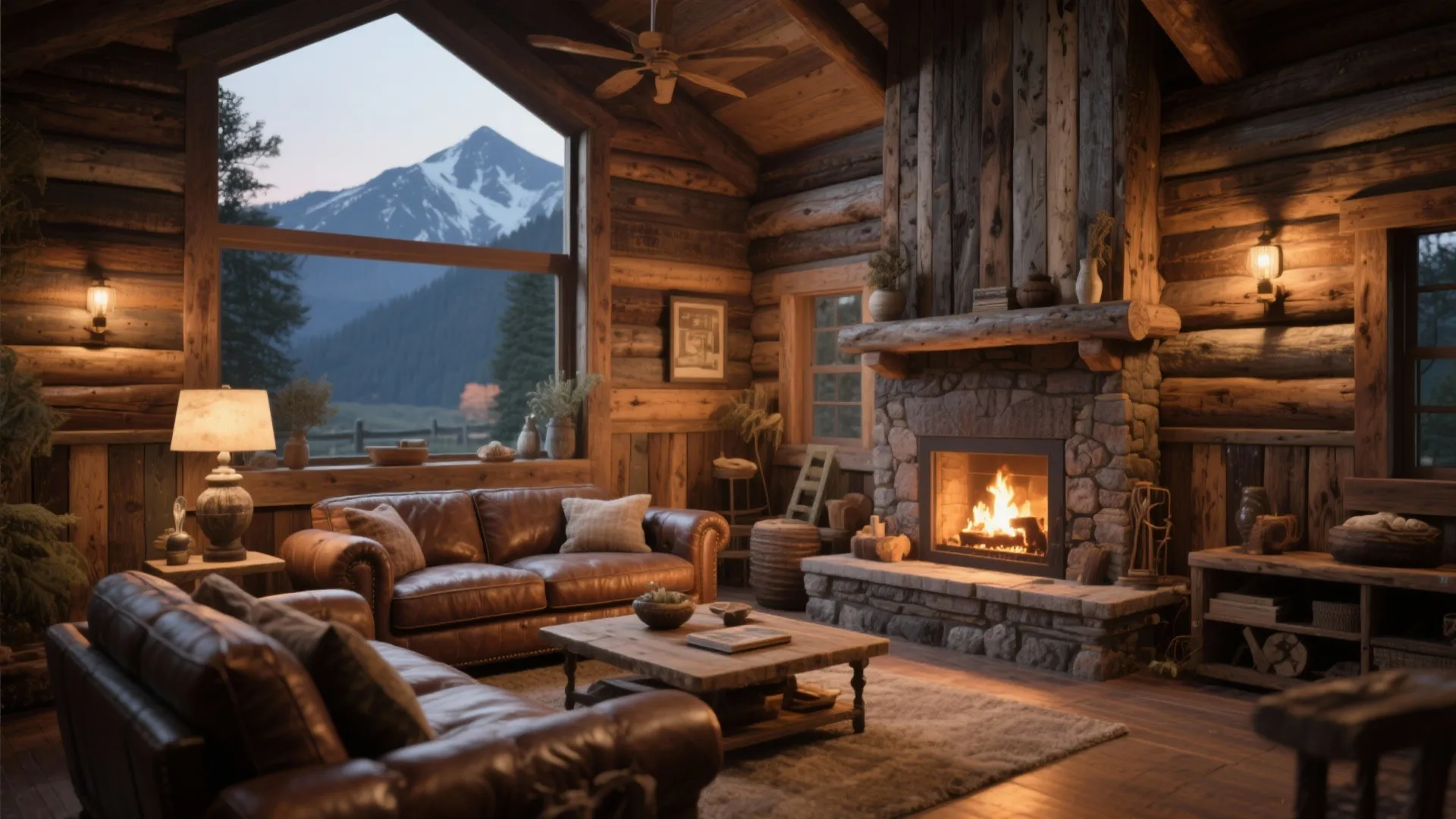 Mountain cabin living room with reclaimed wood wainscoting