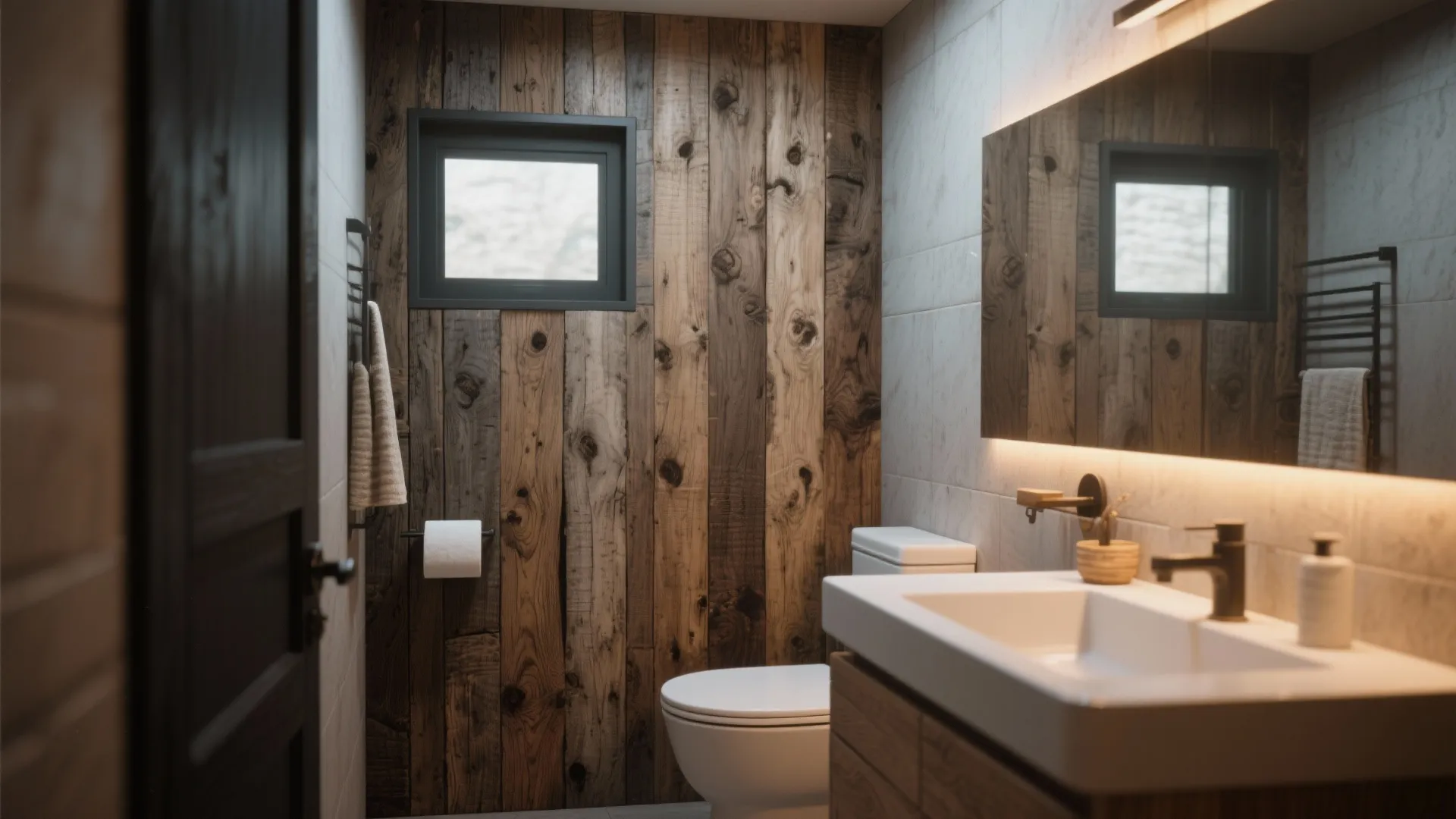 Reclaimed wood accent wall adds rustic warmth to a small bathroom