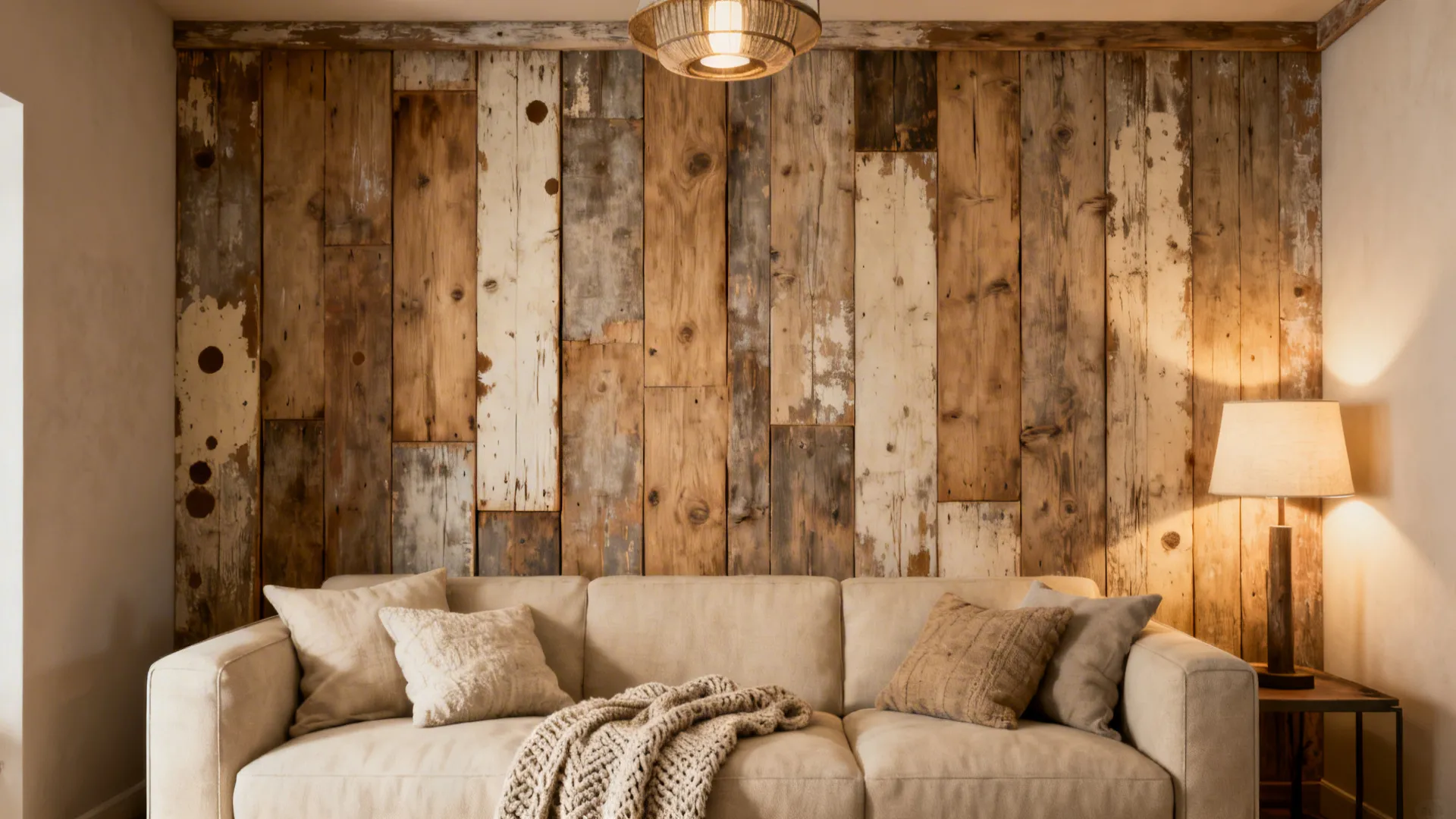 Cozy small living room with a reclaimed wood panel accent wall showing varied patina