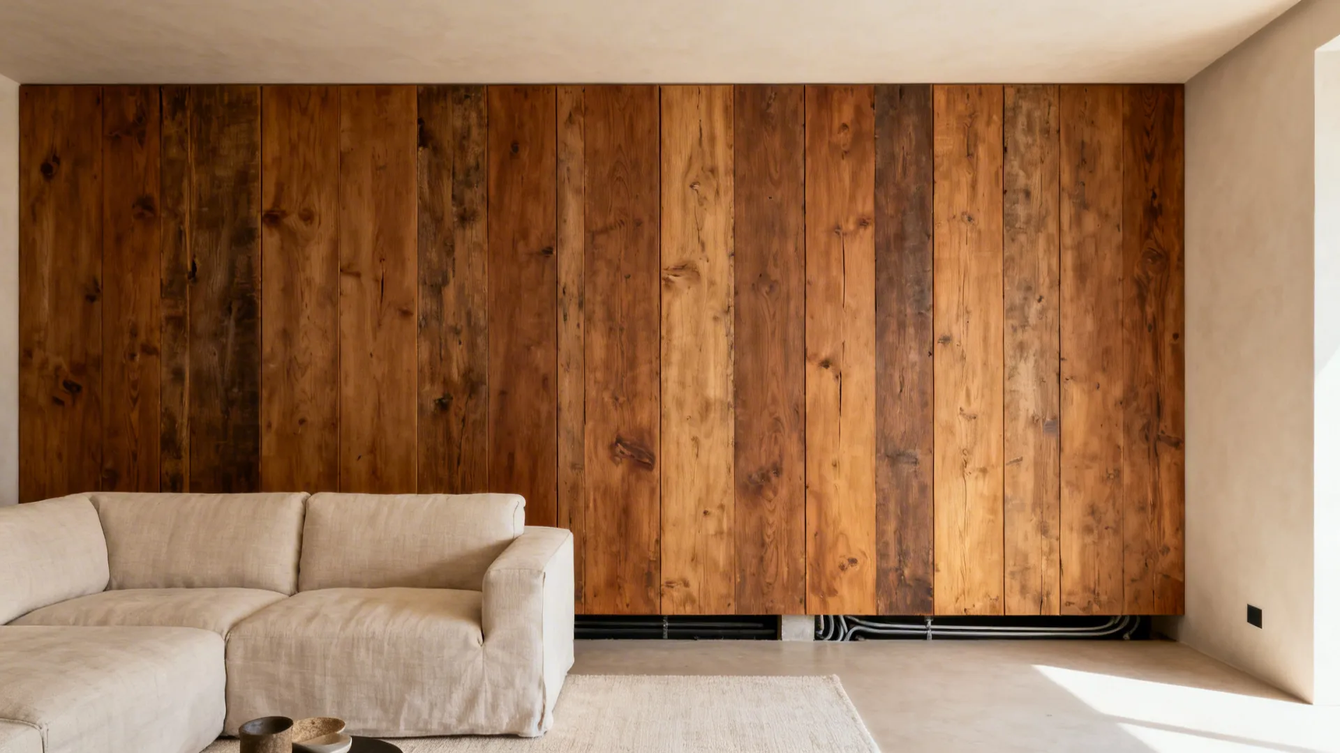 Two large matte-oiled reclaimed oak panels behind a sofa in a bright small living room.