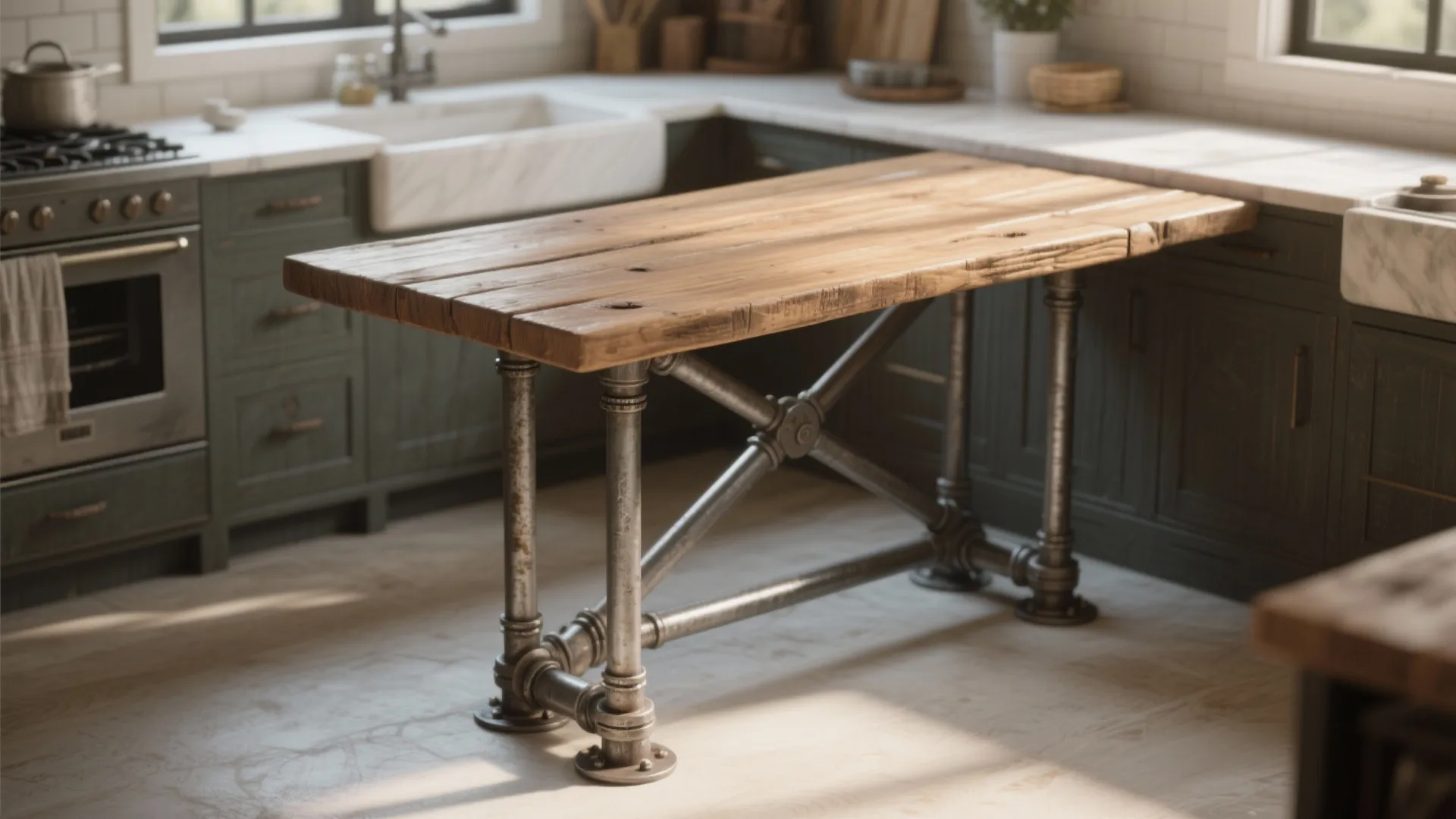 1. Reclaimed wood top + metal pipe pedestal