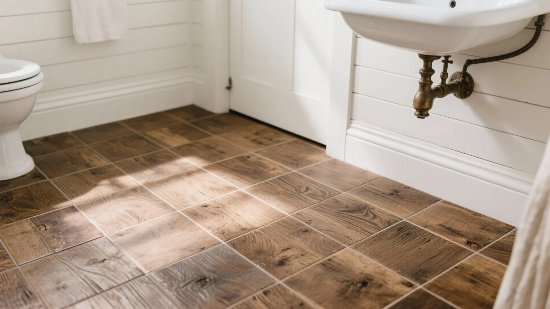 Bathroom interior with wood look floor tiles, white wall panel, ceramic sink, and white toilet