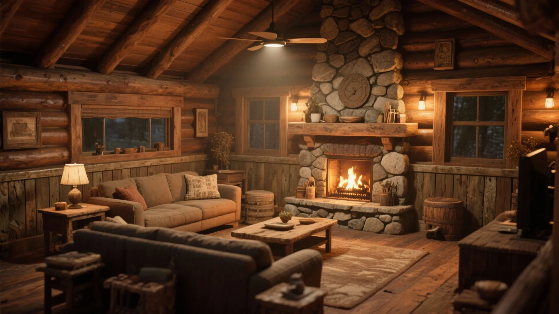 Cozy log cabin living room with stone fireplace burning wood sofas and warm indoor ceiling light