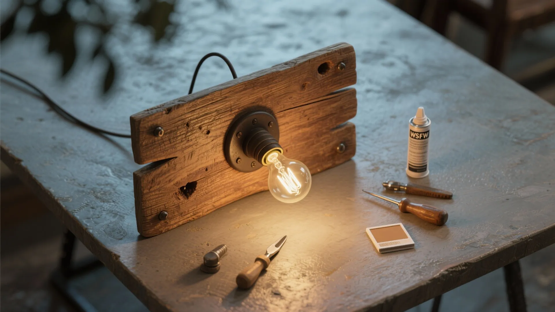 Industrial style wall light made of wood planks sitting on table with various hand tools