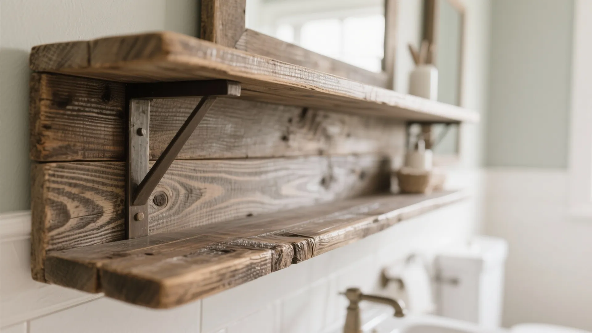 Close-up of rustic wood shelf with metal brackets mounted on a wall above bathroom sink