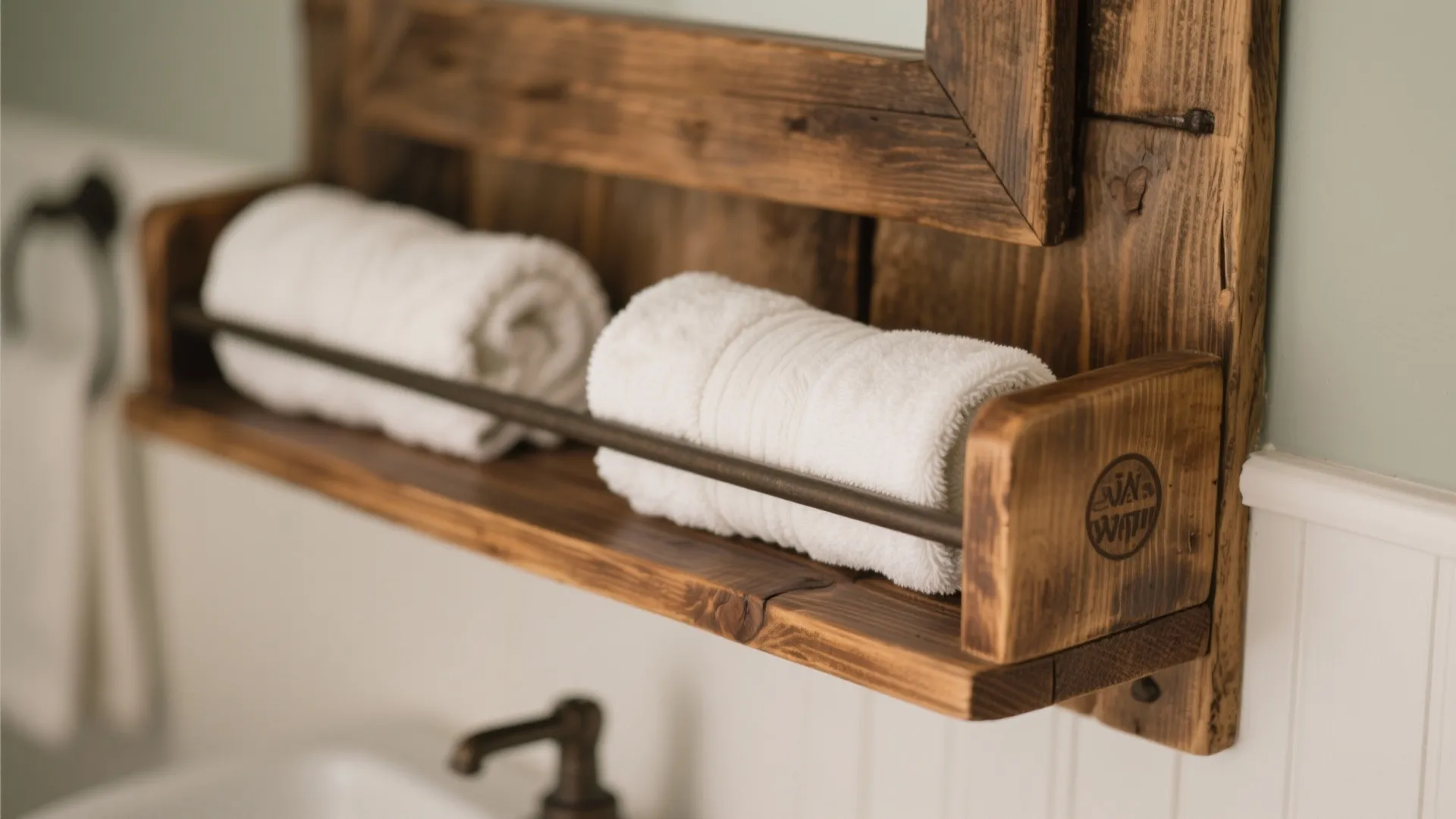 Rustic wood shelf with metal bar holding white rolled towels mounted on a bathroom wall