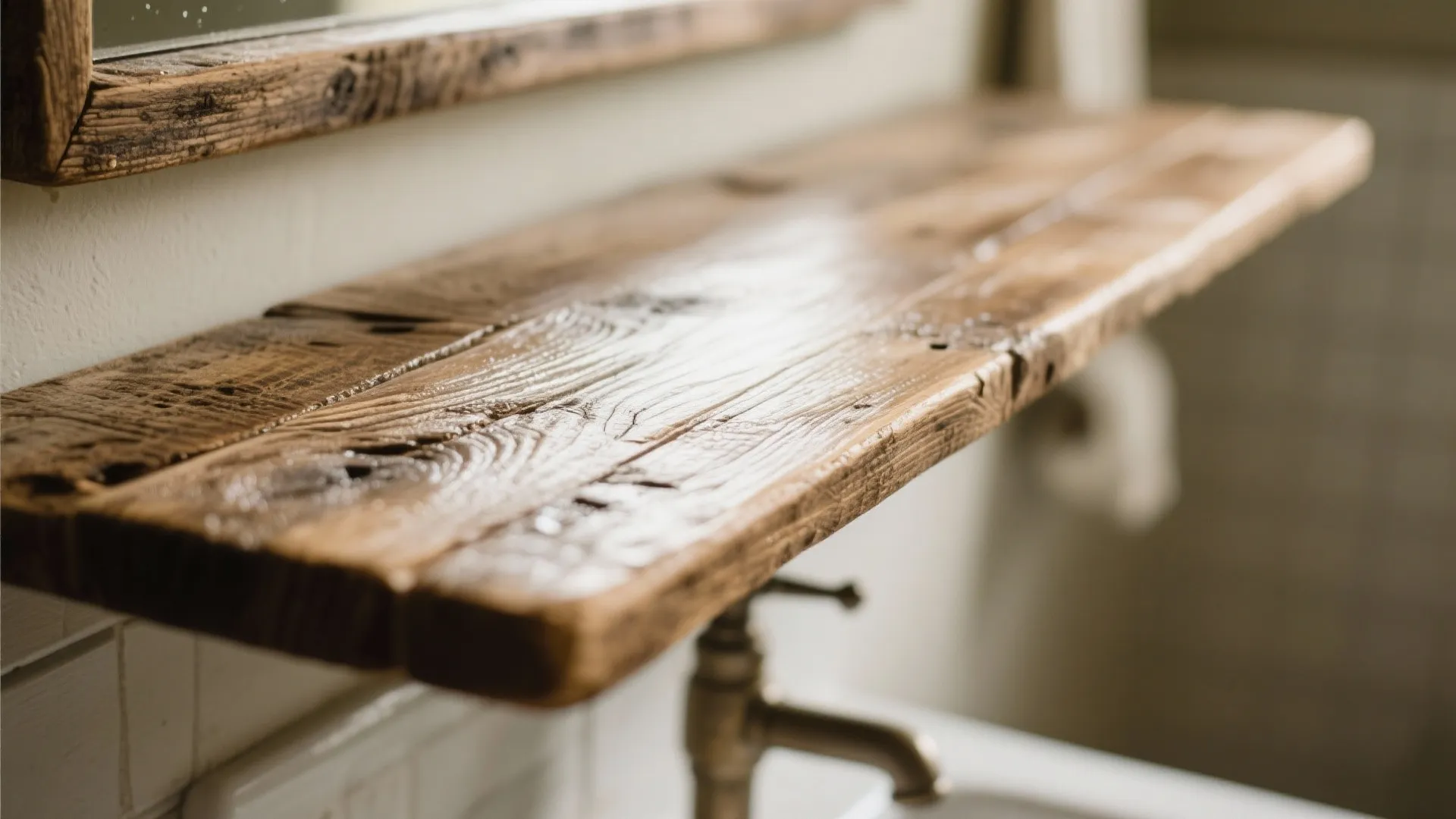 Close up view of a natural wood shelf in a bathroom with visible wood grain