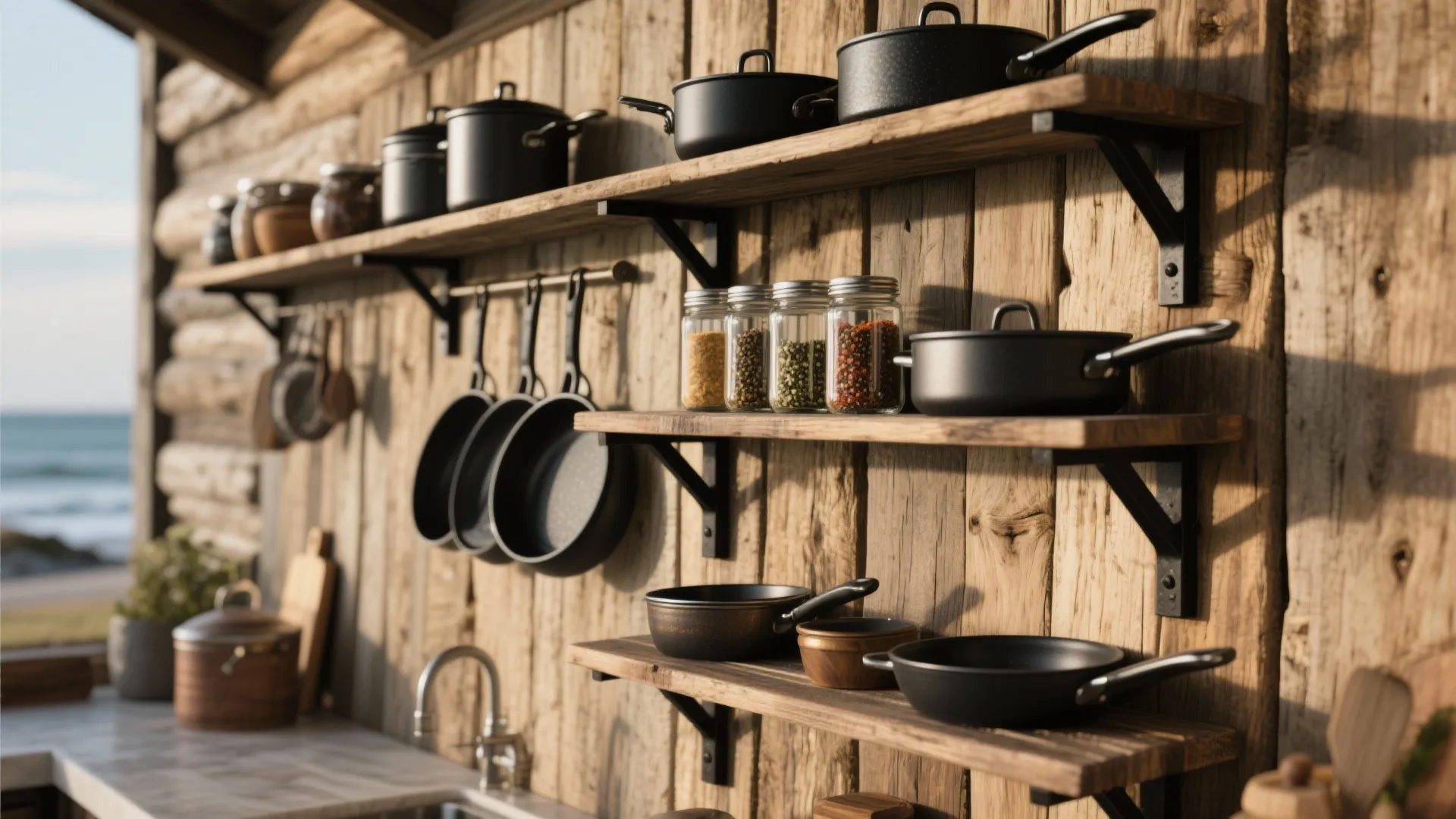3. Reclaimed Wood Accent Wall with Metal Shelving