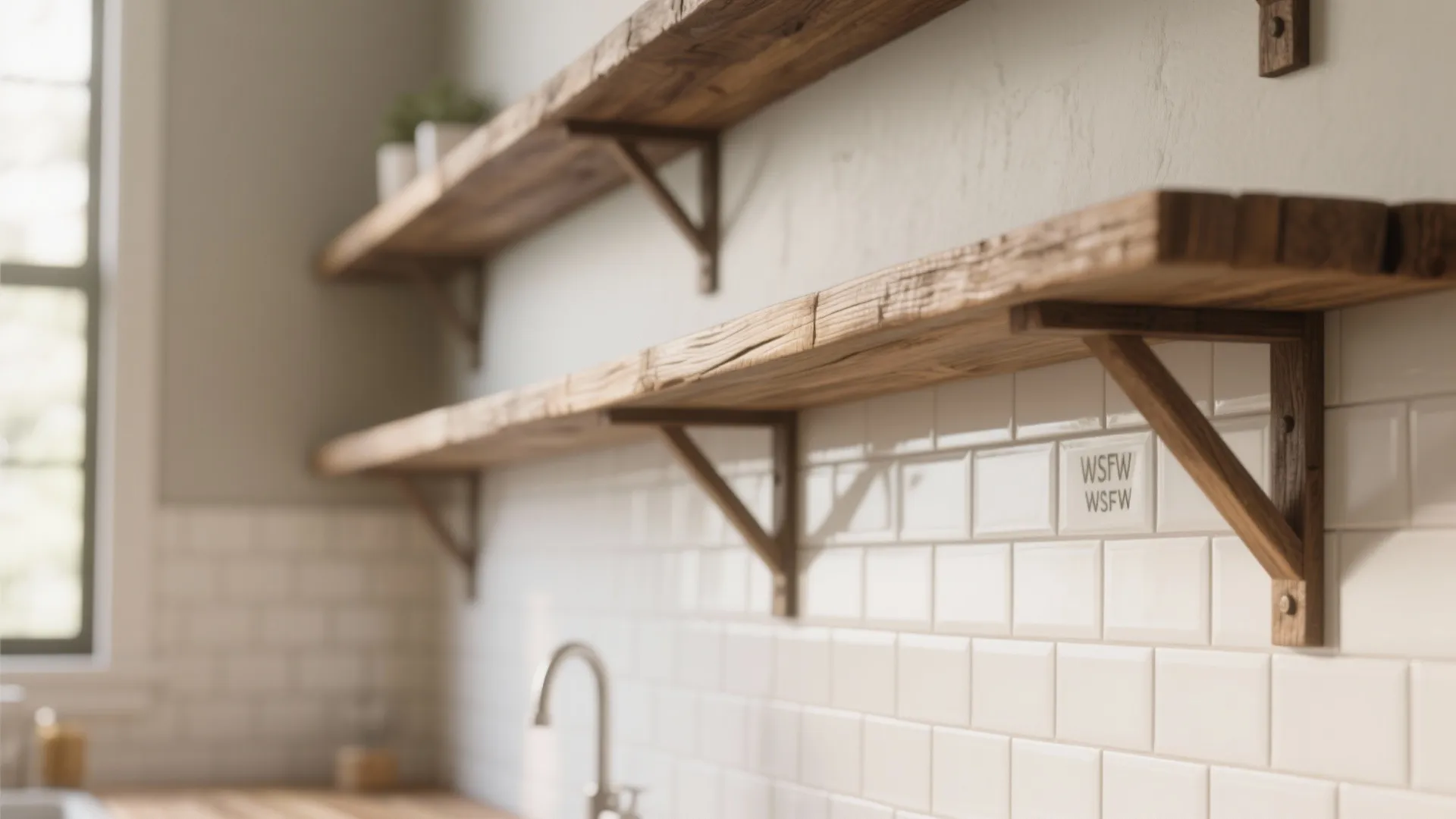Two rustic wooden wall shelves with triangular supports mounted on white tiles in a kitchen