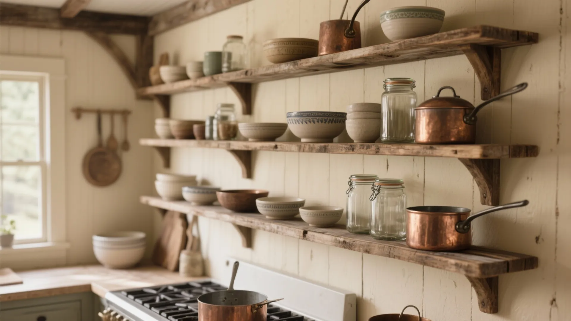1. Open shelving with reclaimed wood