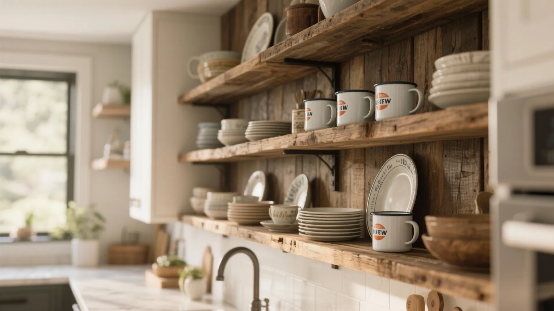 2. Open shelving with reclaimed wood