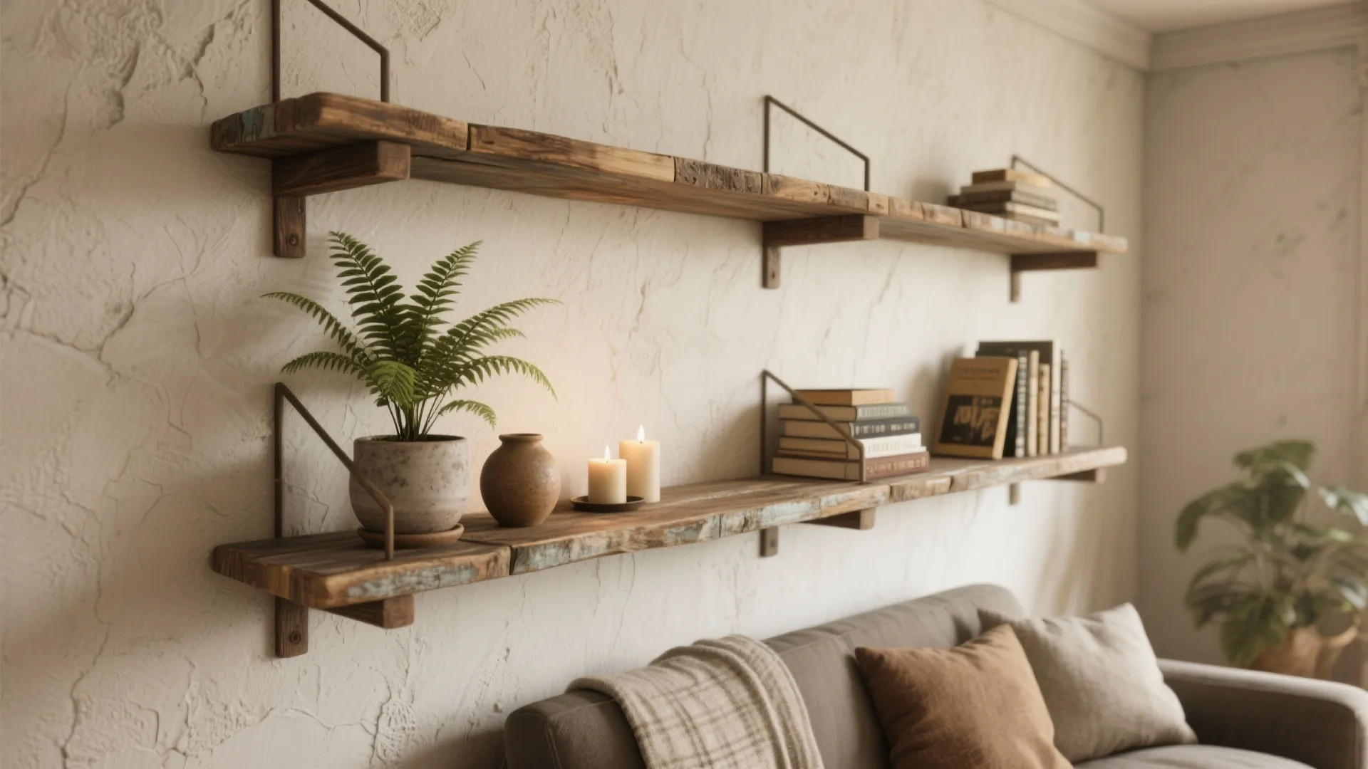 4. Reclaimed Wood Shelves with Decor