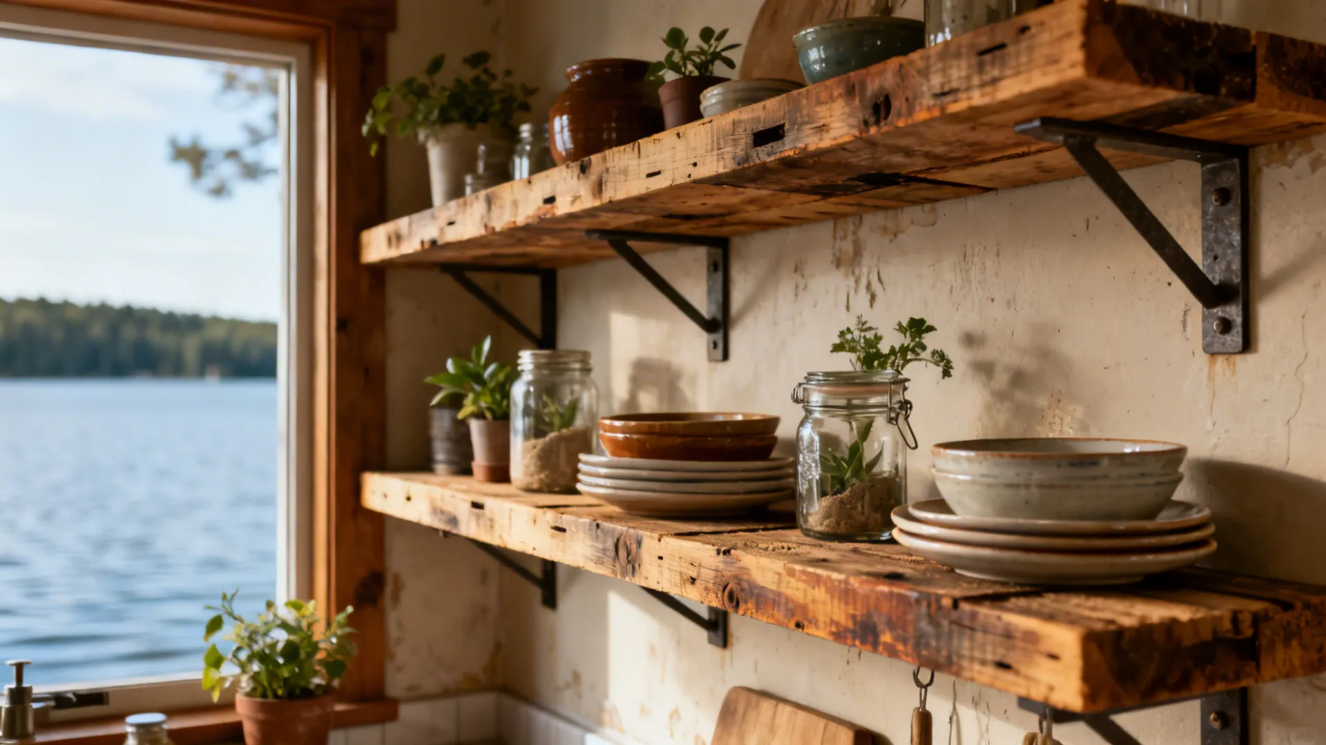 Reclaimed-wood open shelving in a lakeside kitchen showing wood grain and styled ceramics.
