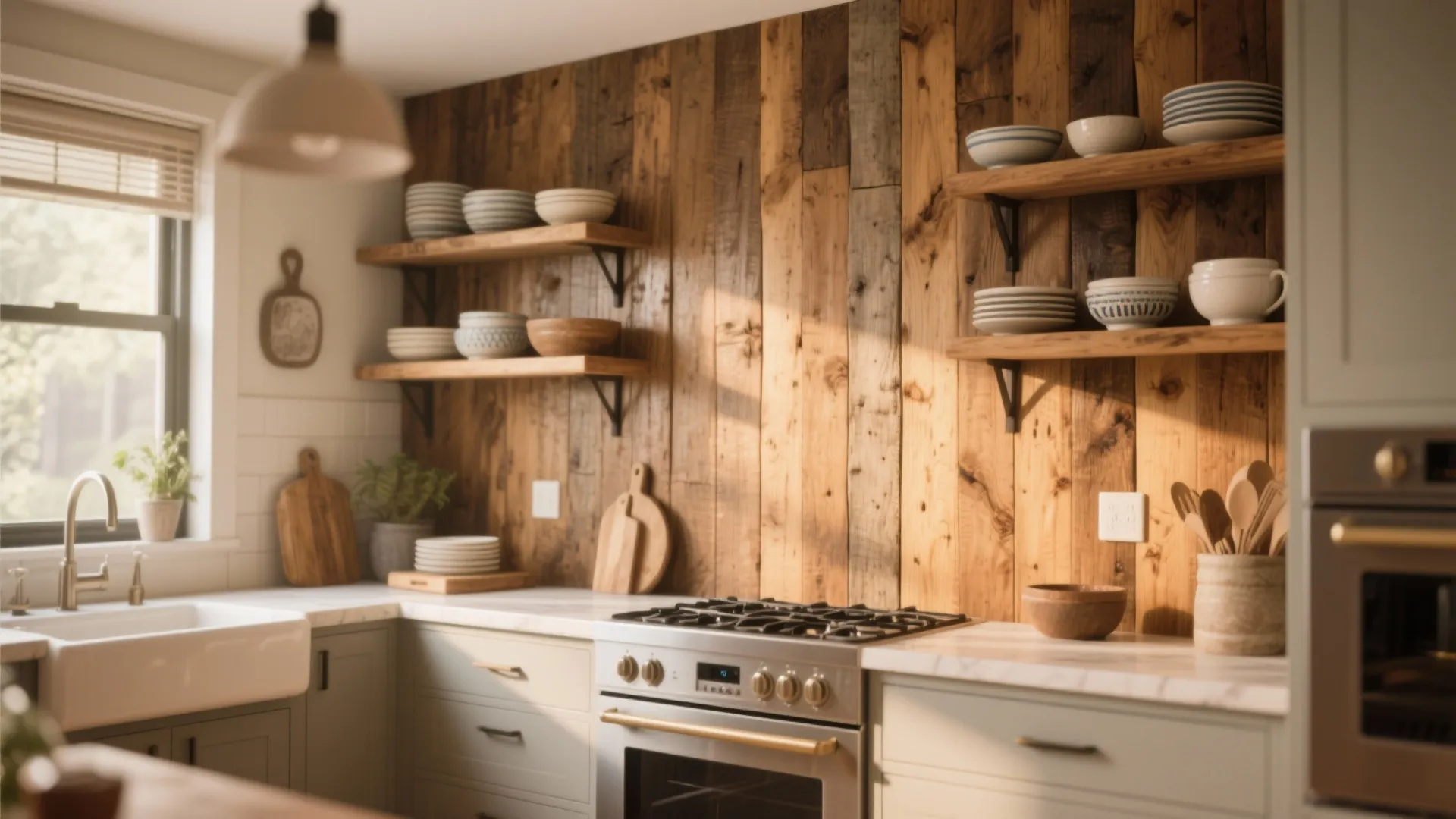 Rustic kitchen with a natural wood wall and open shelves holding plates above white cabinets