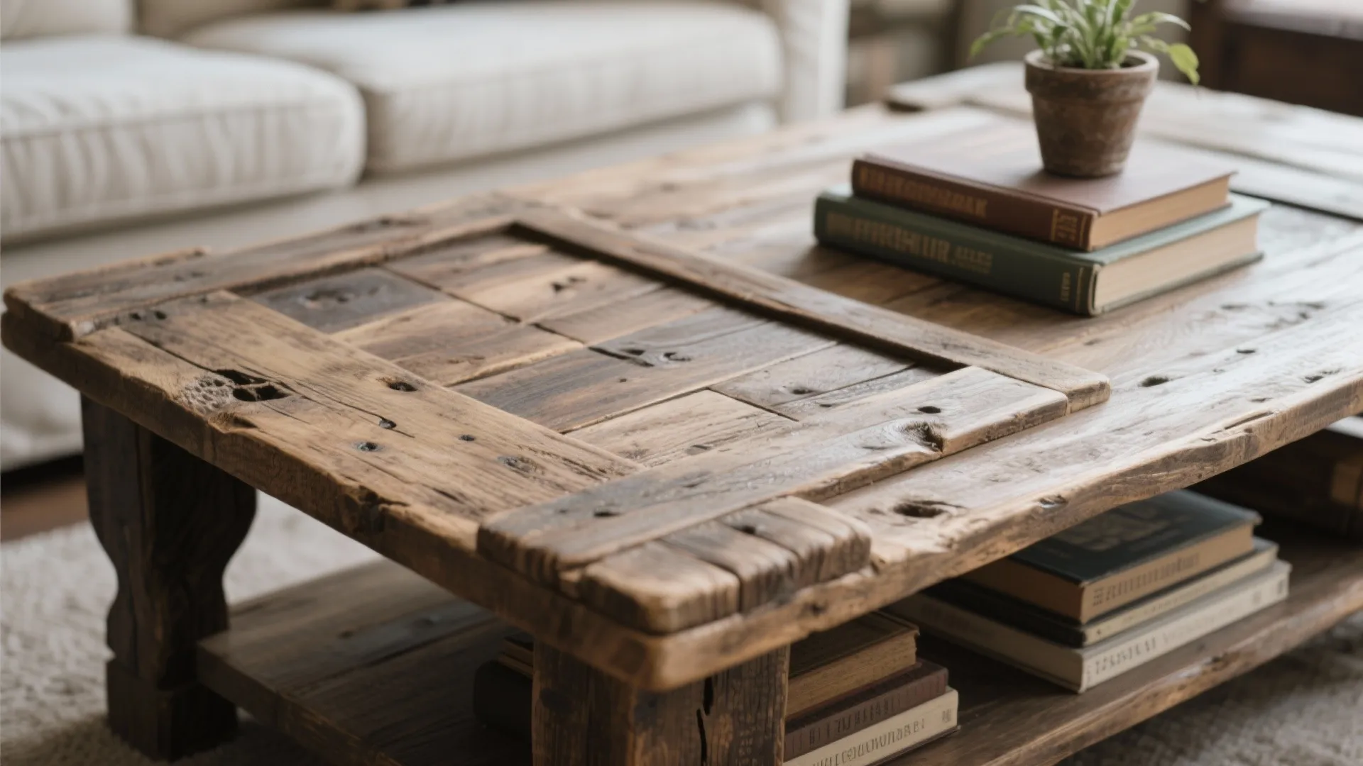 Rustic reclaimed wood coffee table featuring a small plant books and a white sofa background