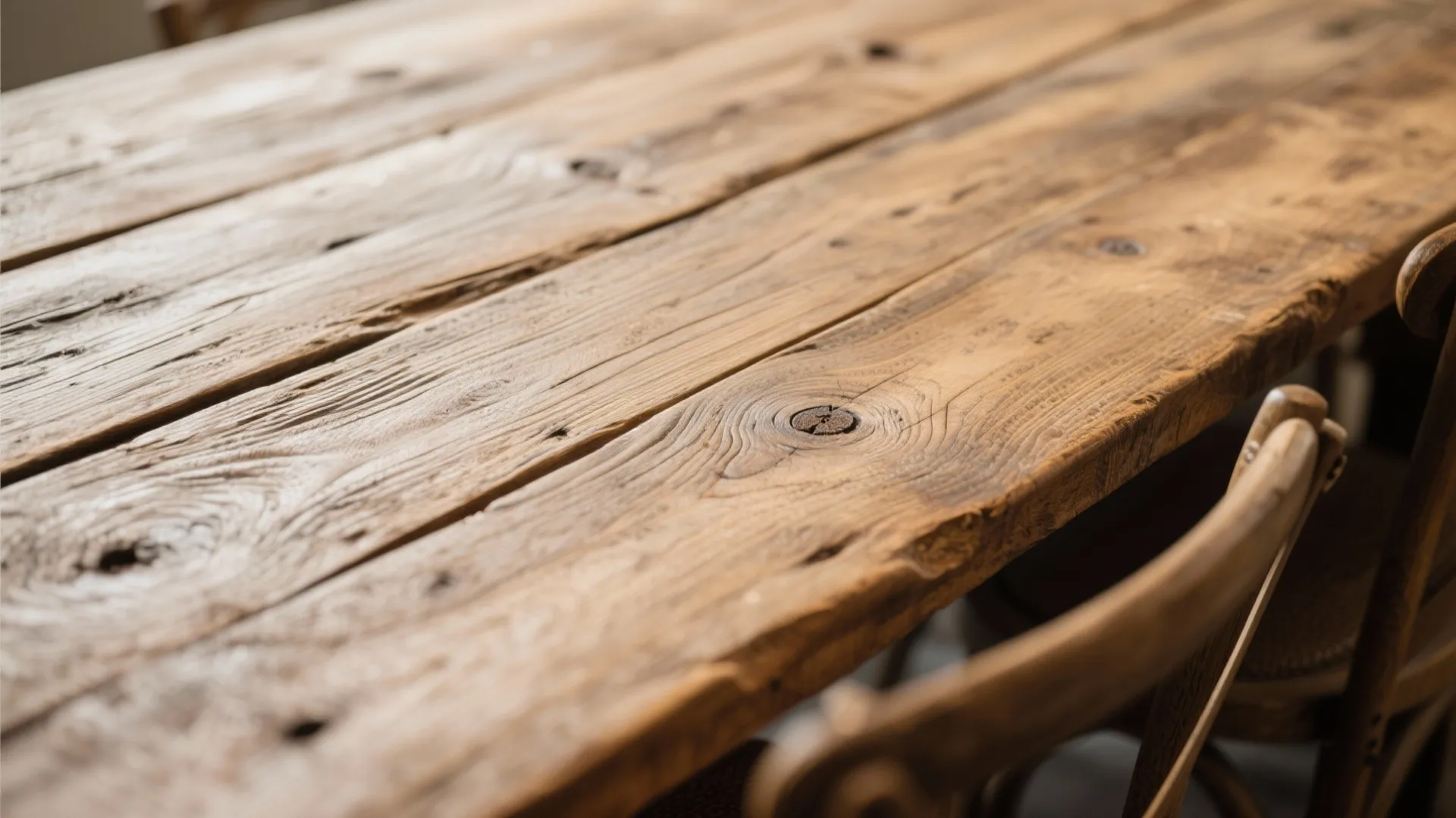 Close up of rustic wooden table top with natural wood grain and a brown chair