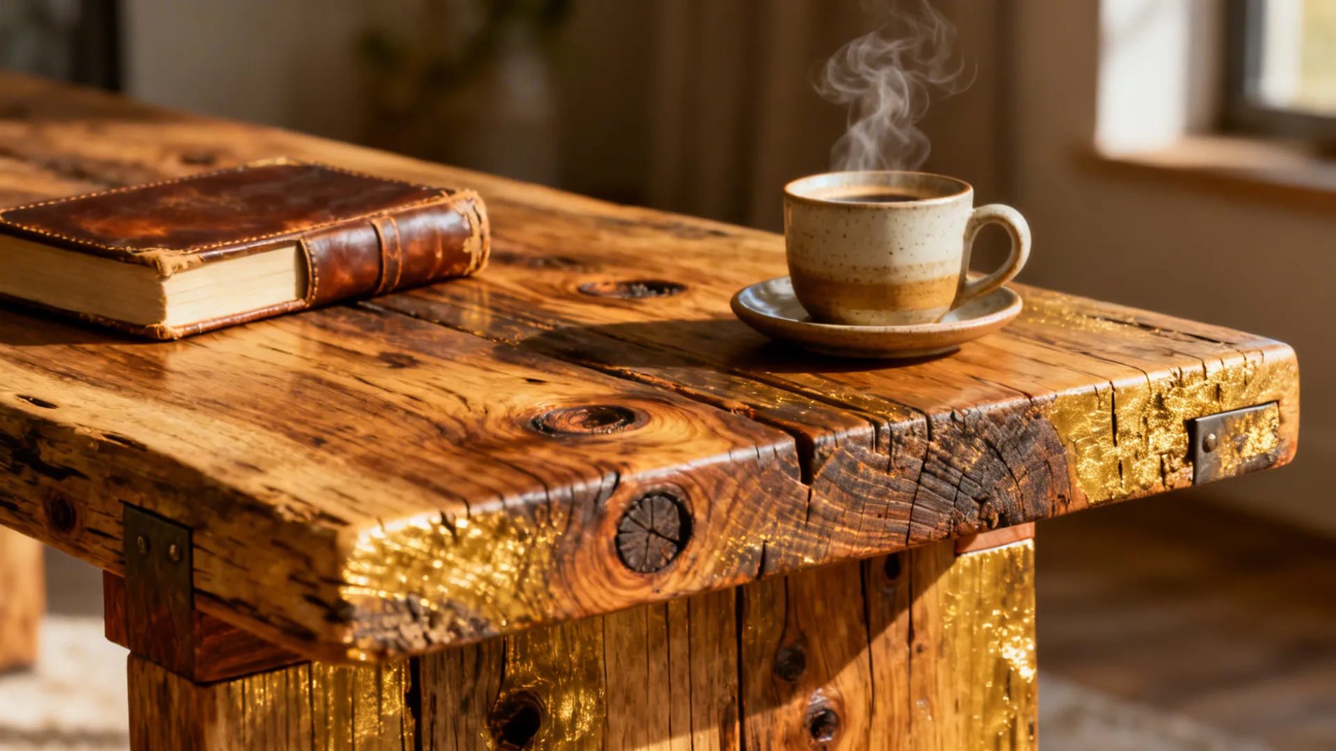 Rustic wooden table with a vintage leather book and a steaming cup of hot coffee