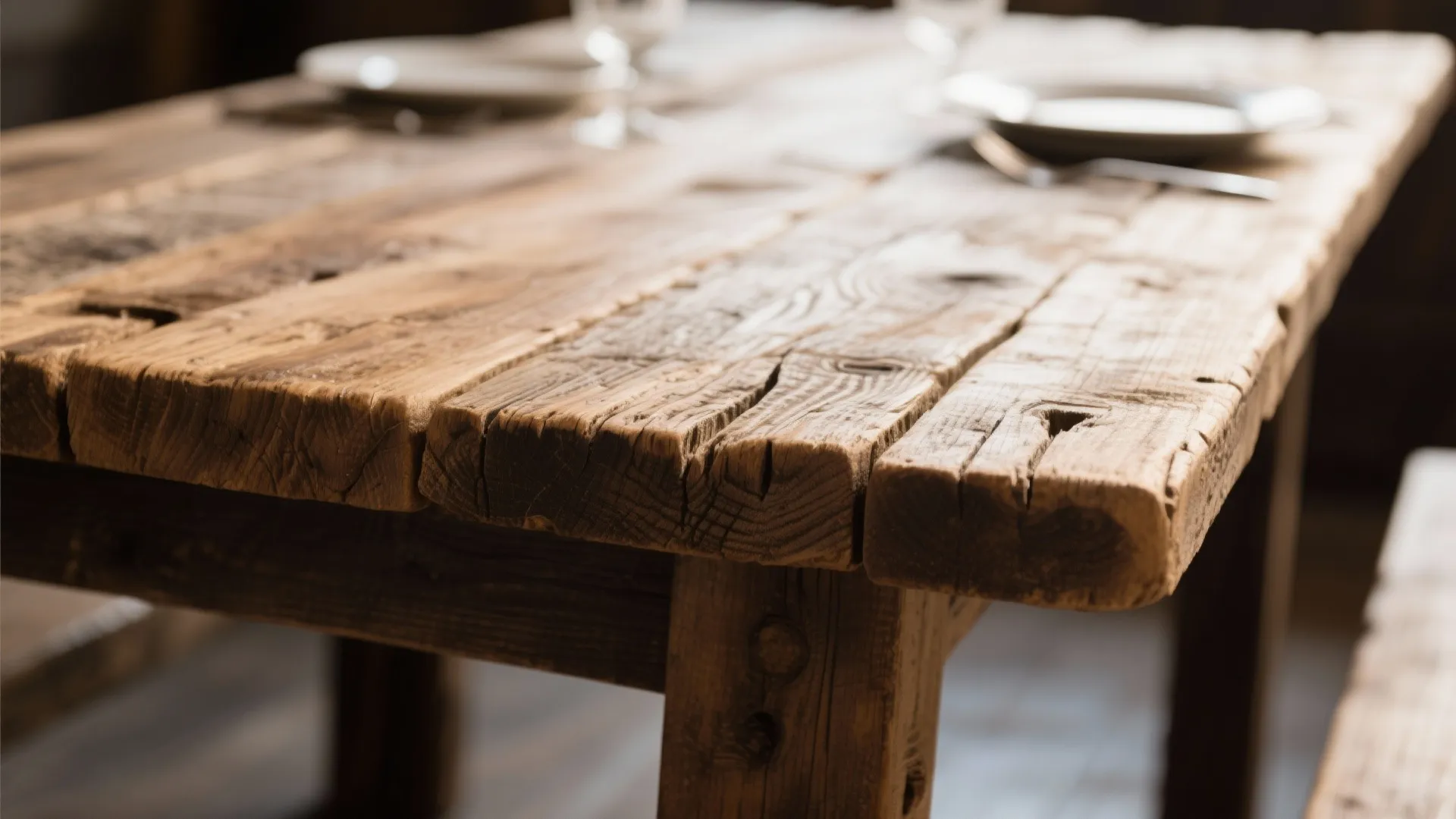 Close up view of a rustic wooden dining table with textured planks and blurred background dishes