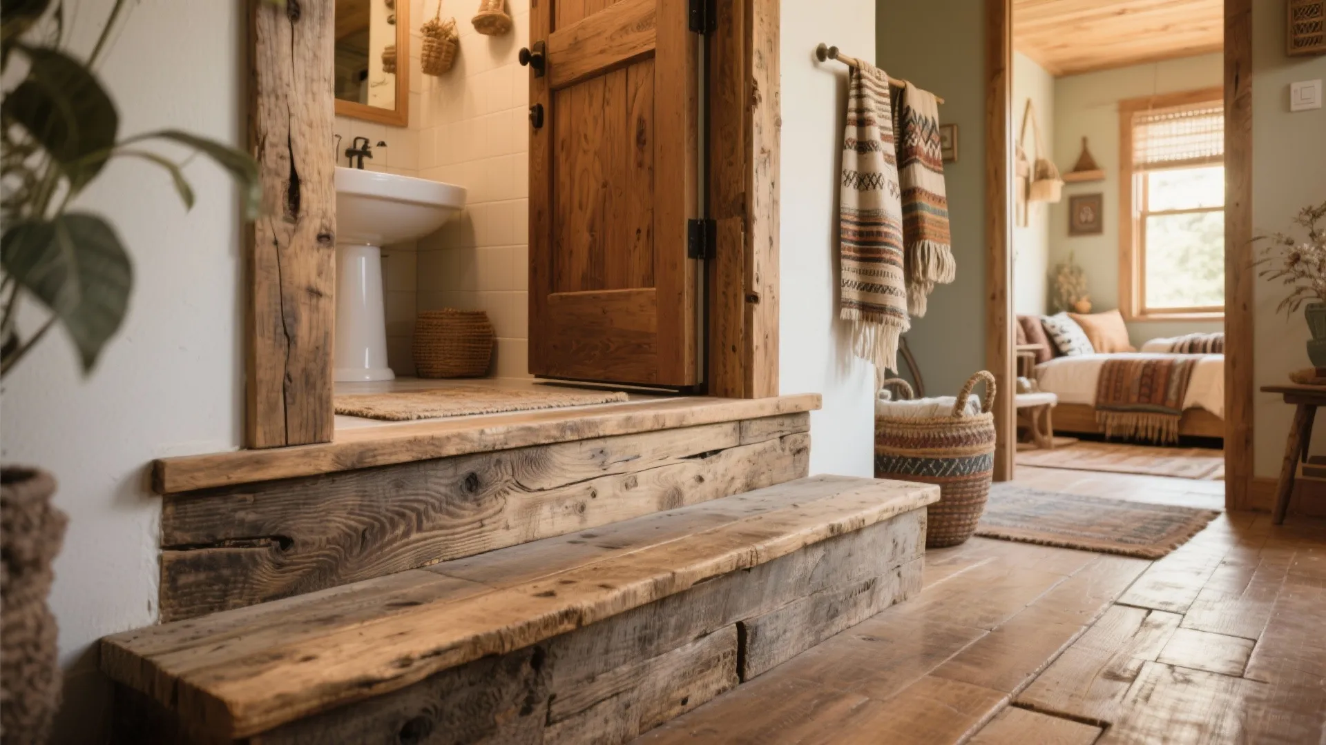 Rustic interior showing wooden steps leading to a bathroom with white sink and wood door