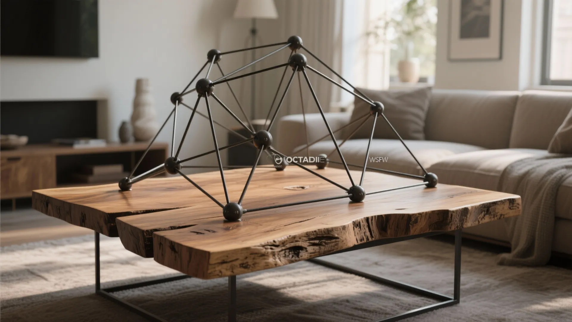 Modern coffee table with thick wooden top and black metal frame in a bright living room