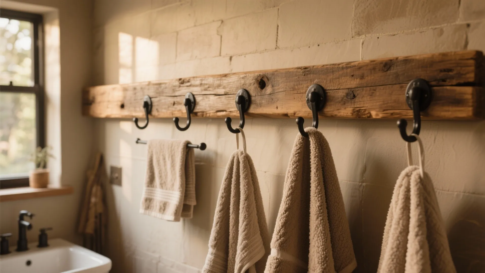 Rustic bathroom wall with wood board holding black metal hooks and hanging light brown towels