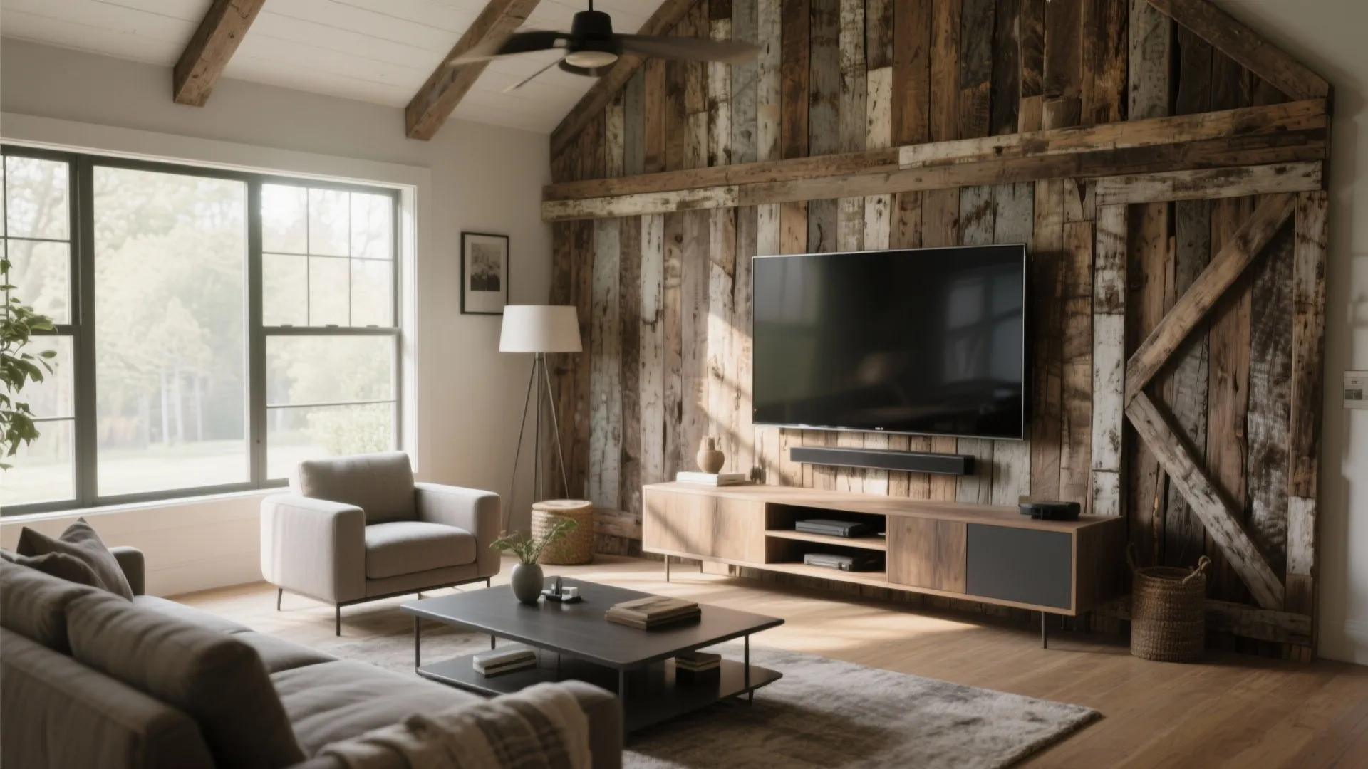 Rustic living room with a reclaimed wood wall behind a television and large windows lighting