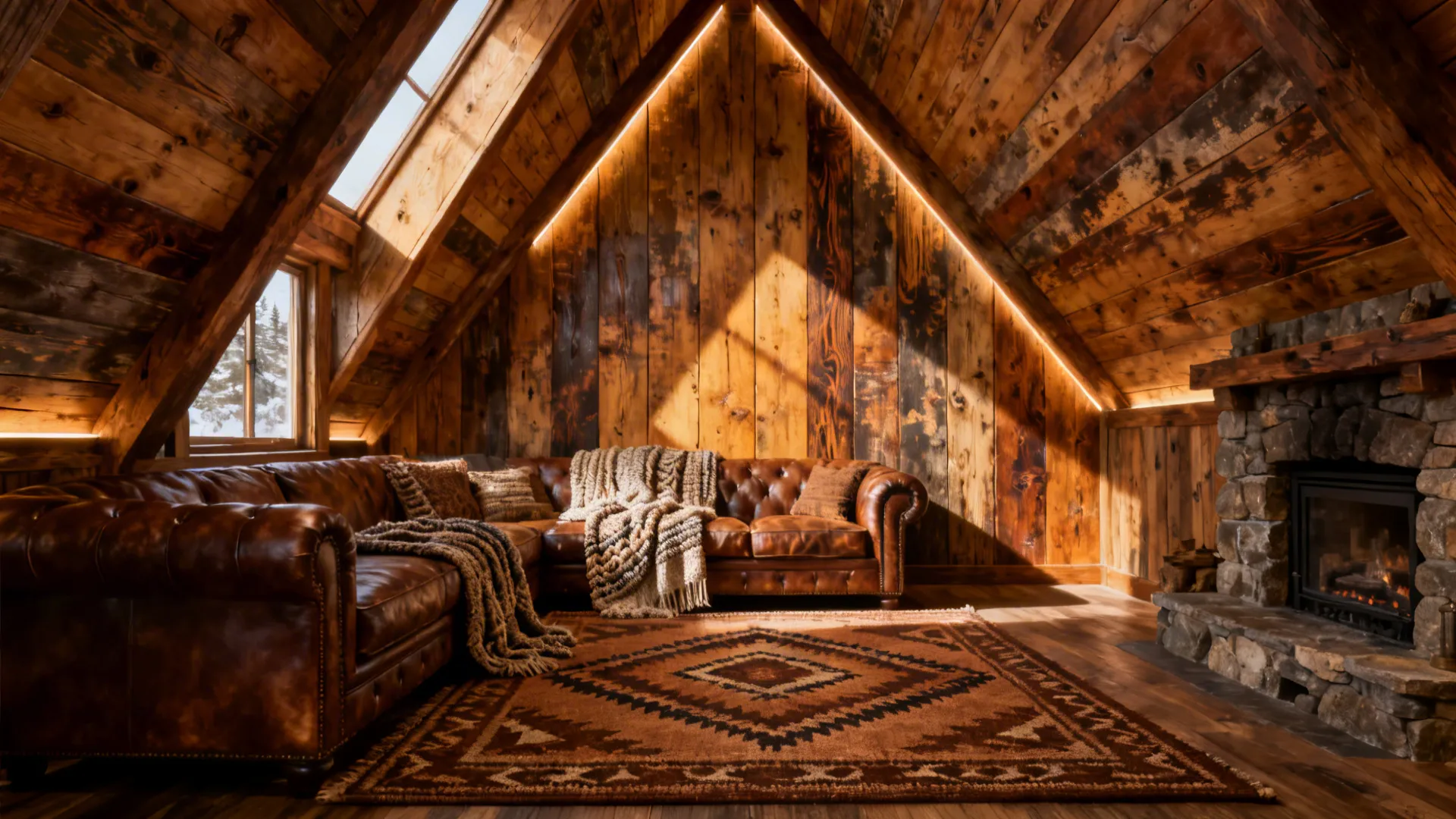 Warm vaulted accent wall covered in reclaimed wood planks in a cozy living room.