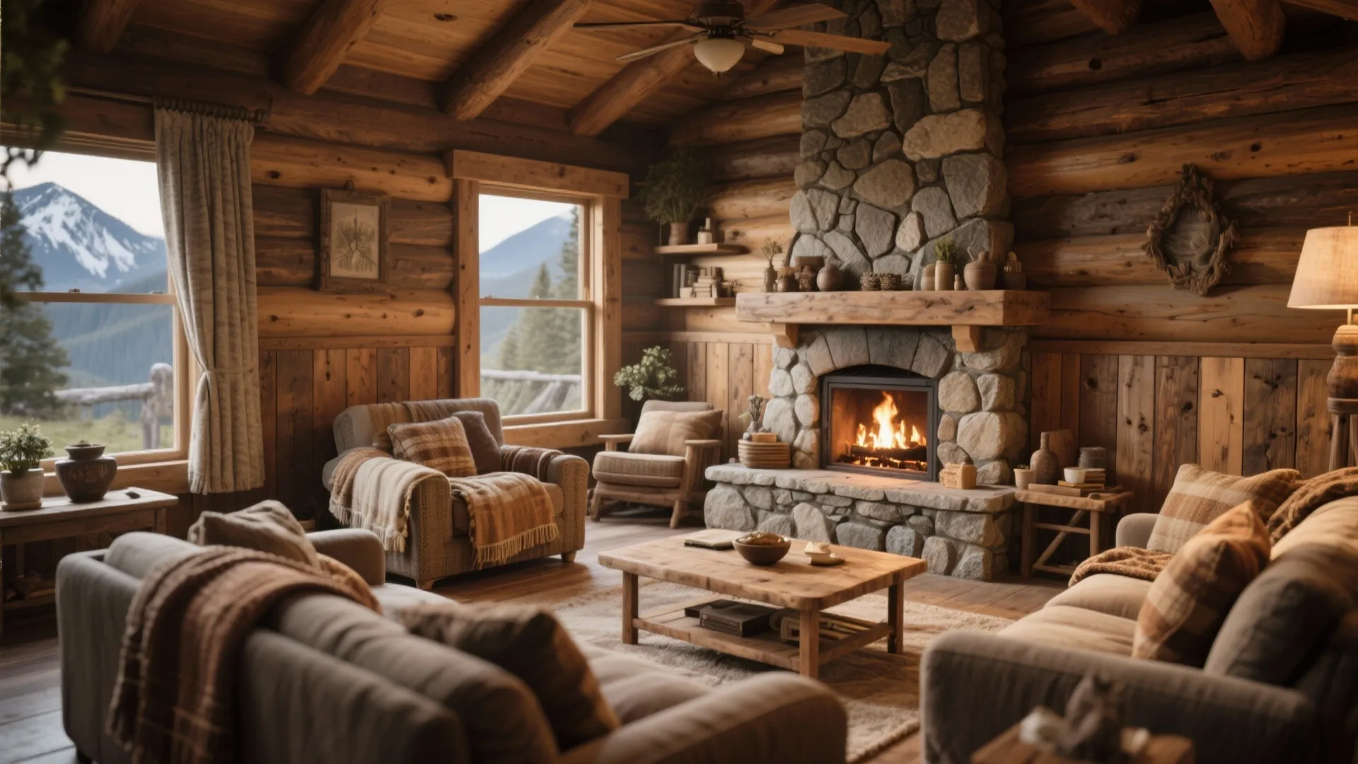 Cozy rustic living room with stone fireplace wood wall panel mountain view and comfortable brown sofas