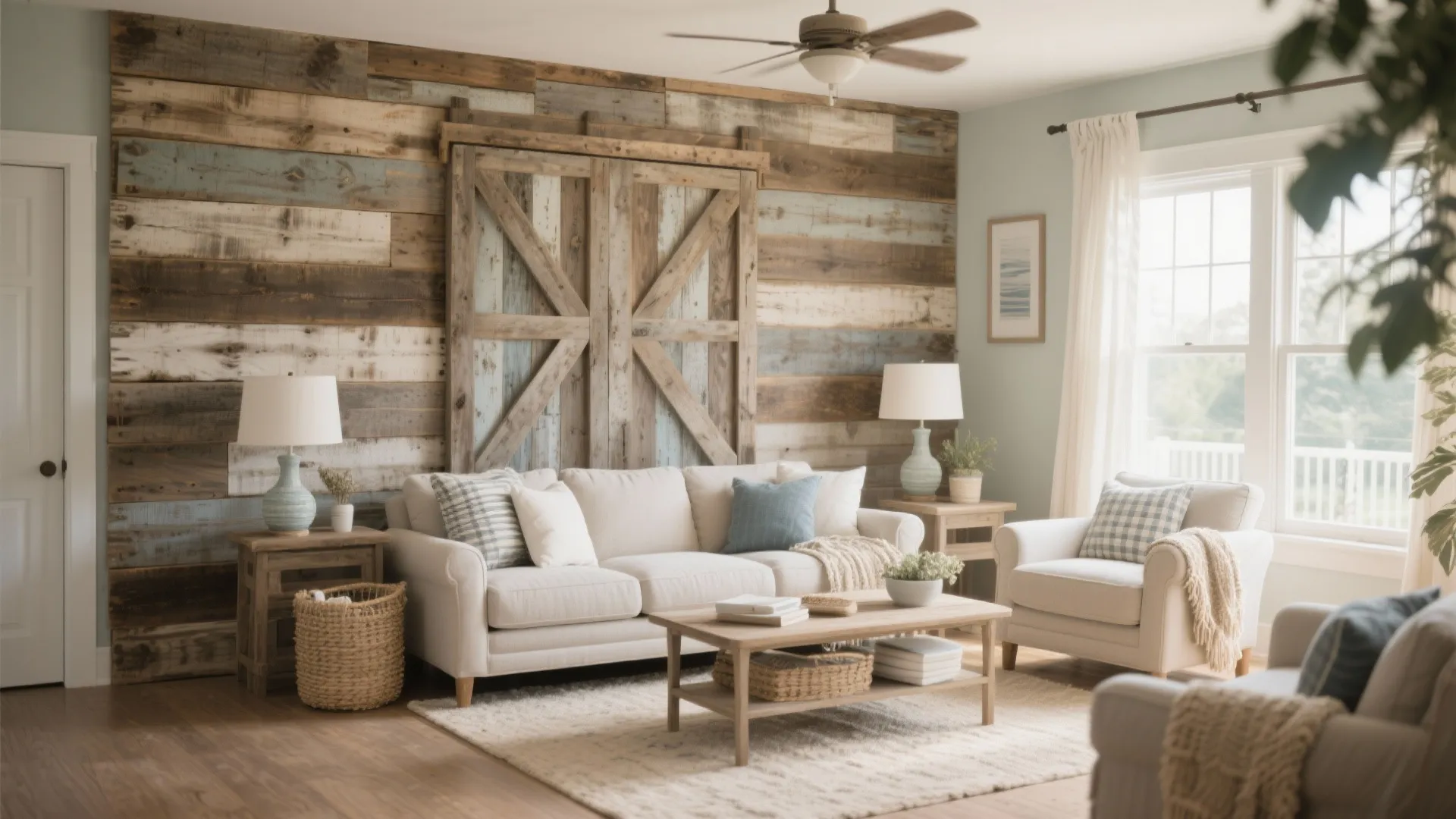 Living room with reclaimed wood wall panels sliding barn doors white sofa and a rug