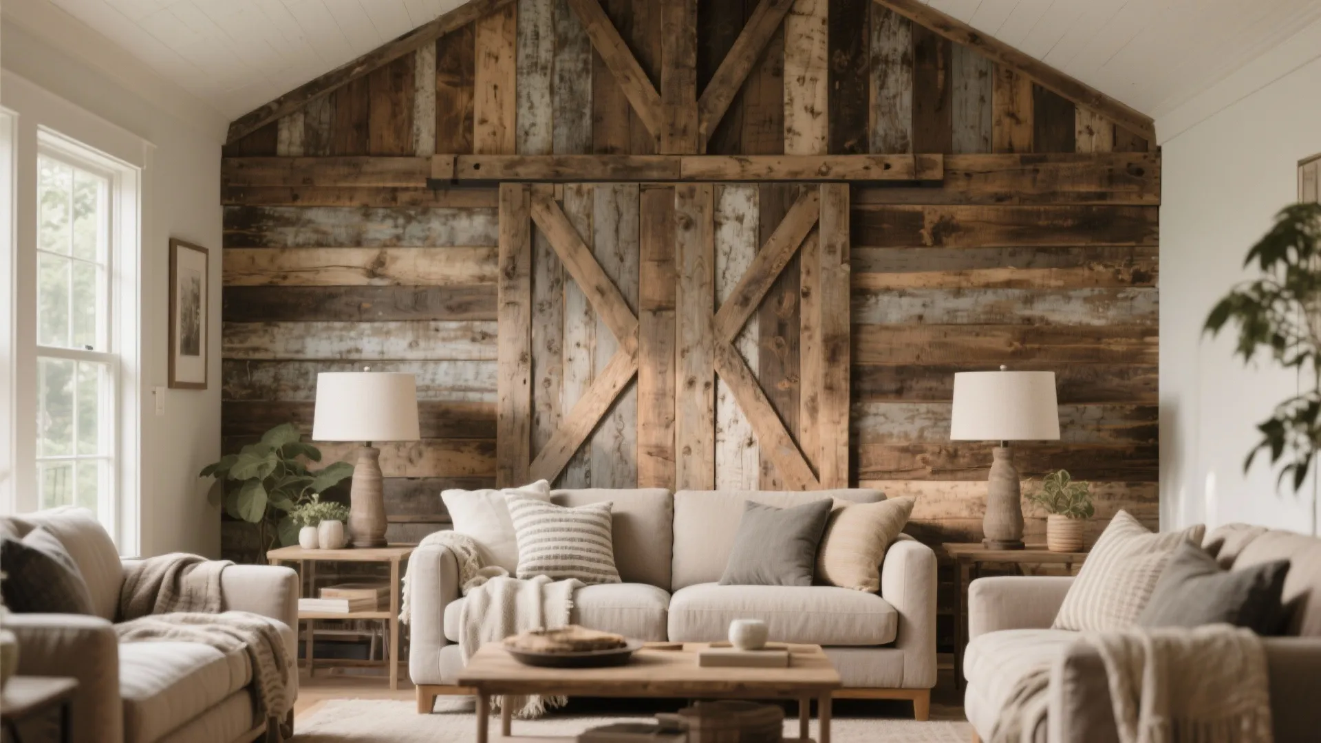 Living room with rustic reclaimed wood wall panel beige sofa wooden coffee table and table lamps