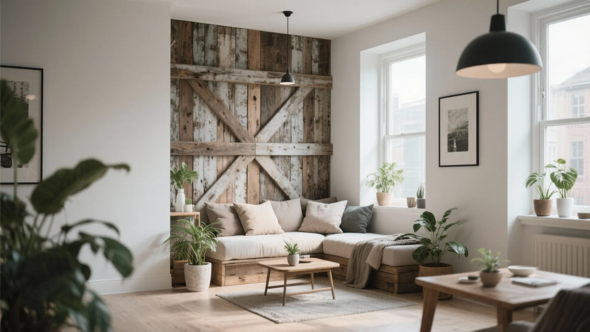 Rustic living room featuring a reclaimed wood wall panel with cross design sofa and indoor plants