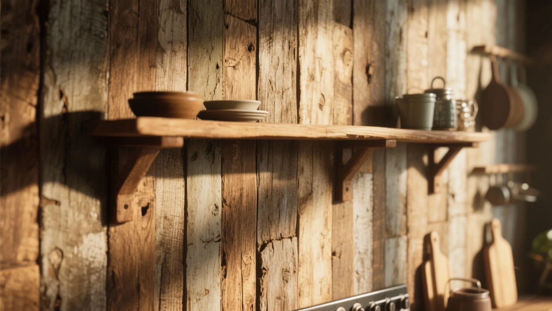 Wooden wall panel with a small shelf holding ceramic bowls and cups in warm sunlight