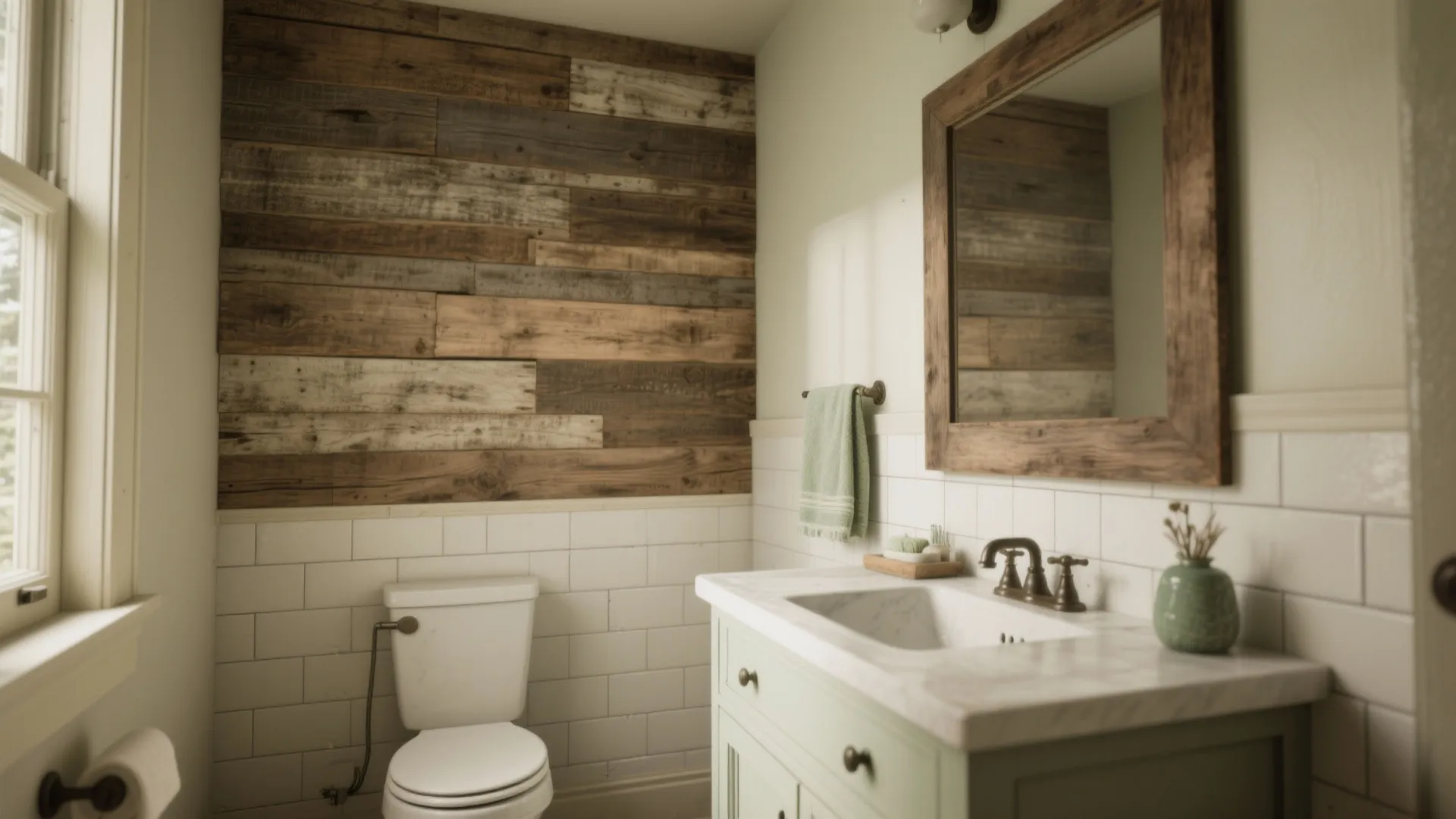 Bathroom interior featuring reclaimed wood wall panel white tiles green cabinet and large wood mirror