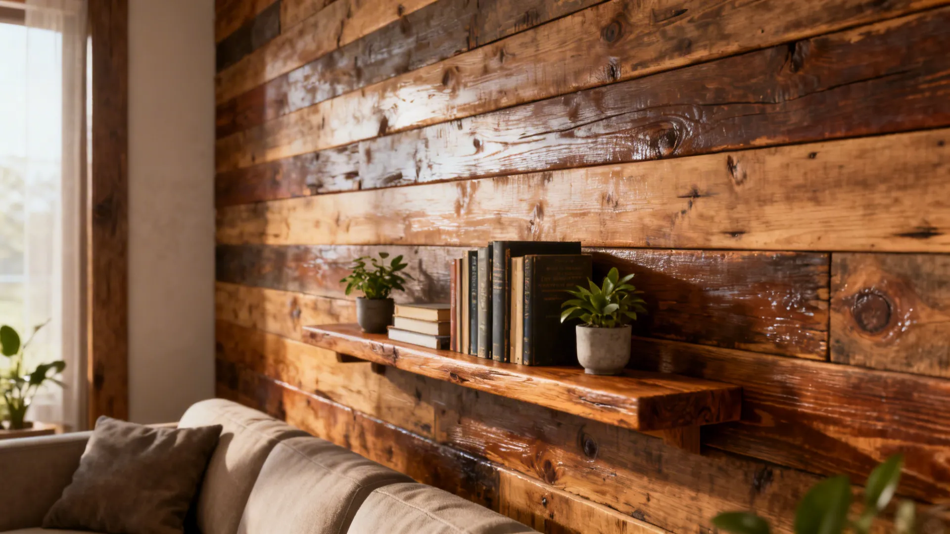 Horizontal reclaimed wood accent wall with shelf, rich grain and potted plants.