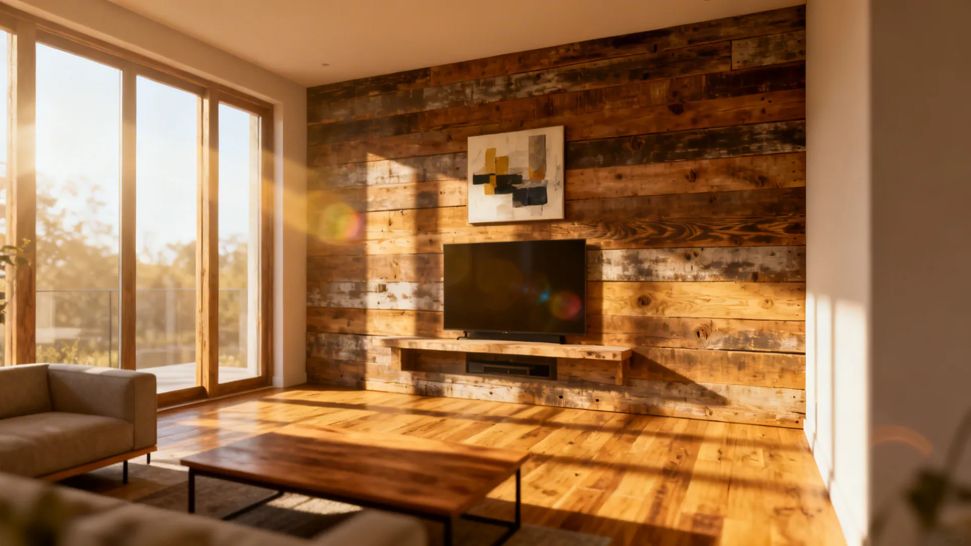 Reclaimed wood focal wall in a small living room with matching warm-toned flooring