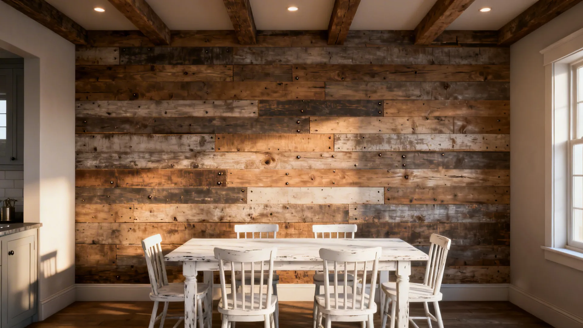 Dining area with mixed-width reclaimed wood plank accent wall and white-washed furniture