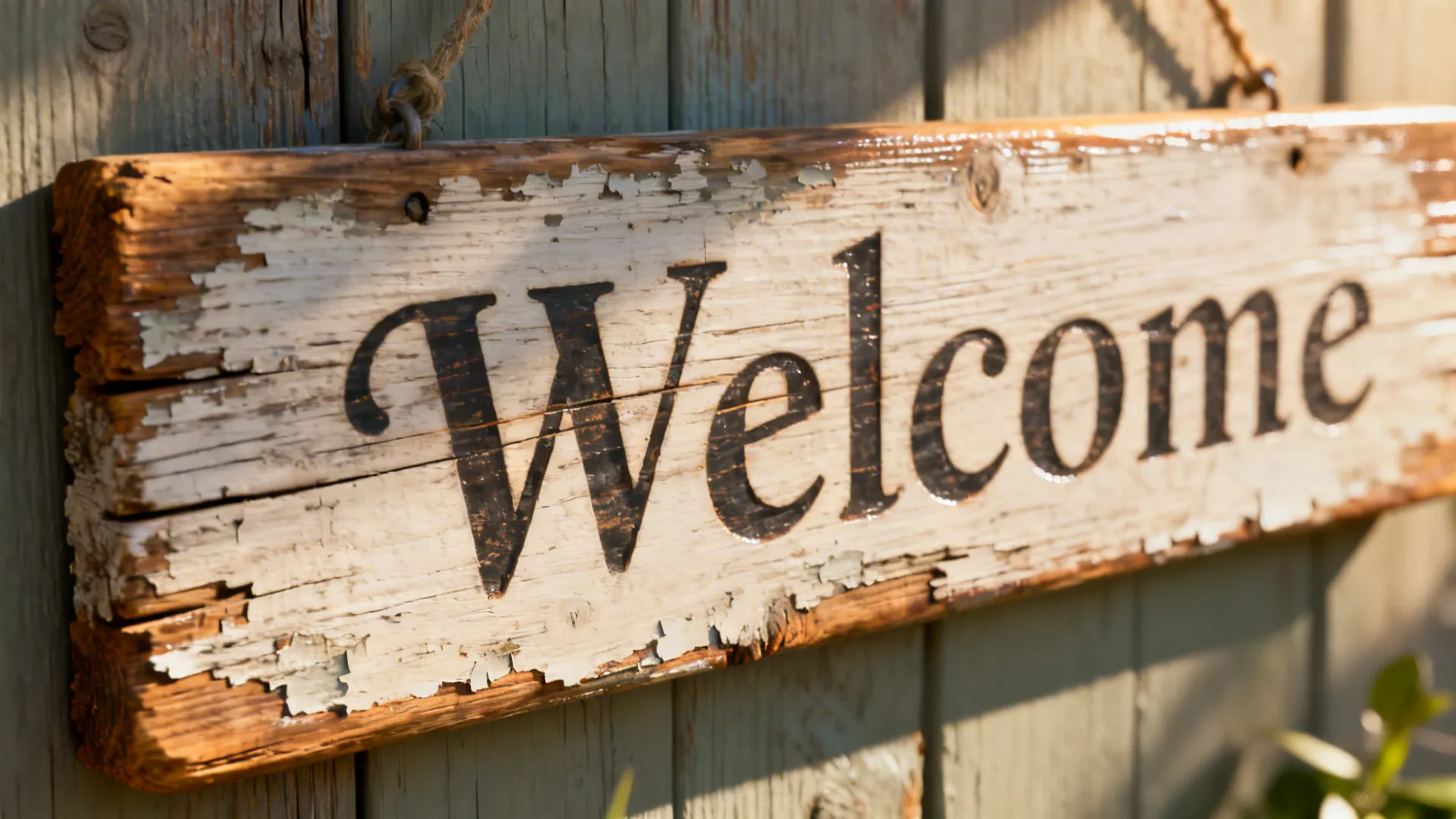 Rustic wooden welcome sign with peeling white paint hanging on a light green vertical garden fence