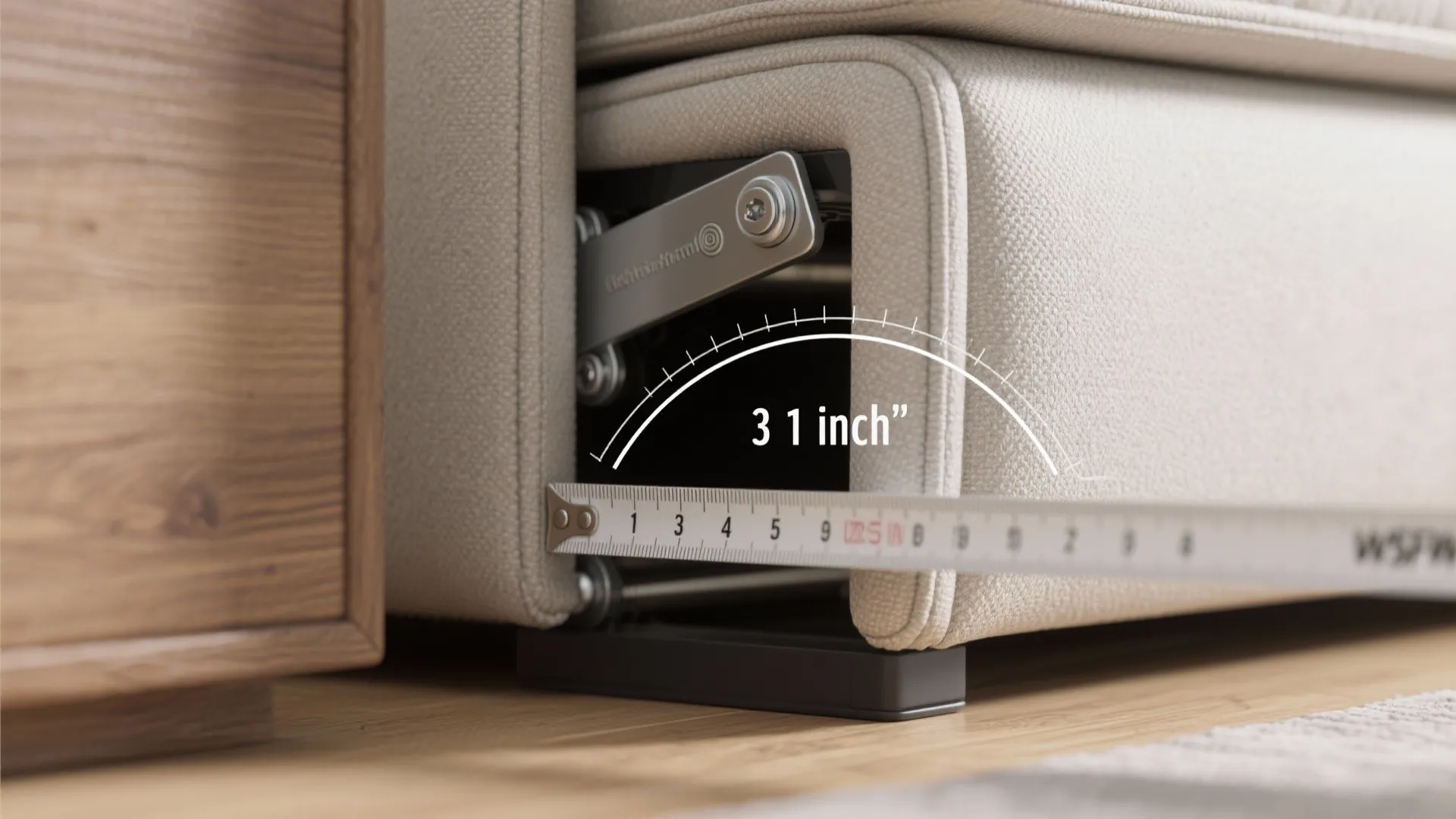 Close up view of sofa base being measured with a tape showing thirty one inches