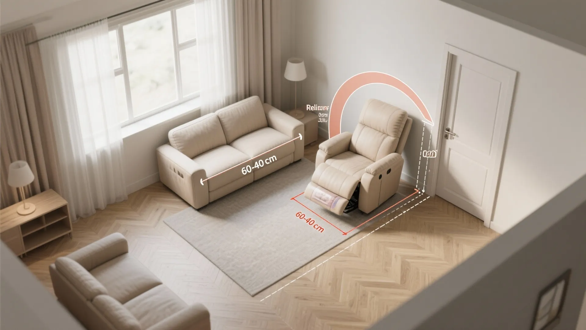 Top view diagram showing room layout dimensions for a sofa and recliner on wood floor