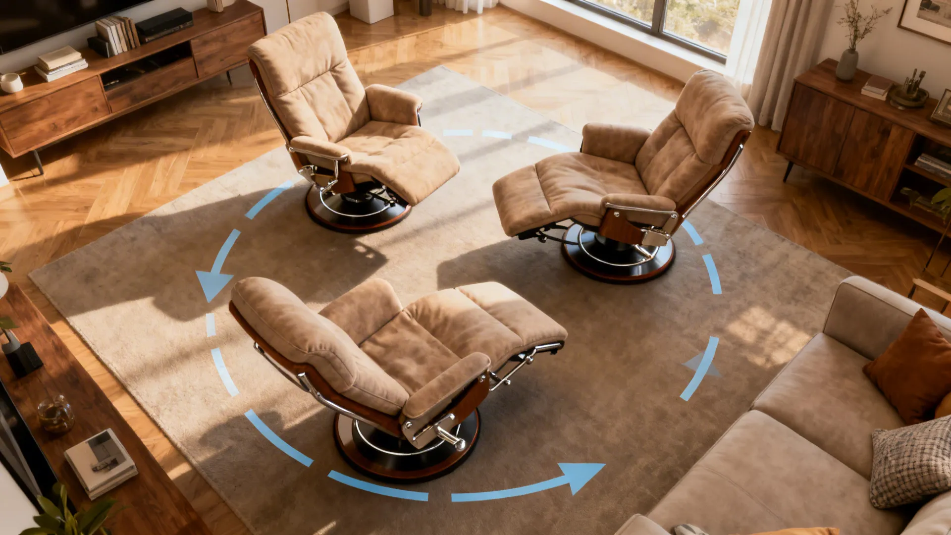 Top-down visualization of a reclining swivel chair in upright and reclined positions showing clearance.