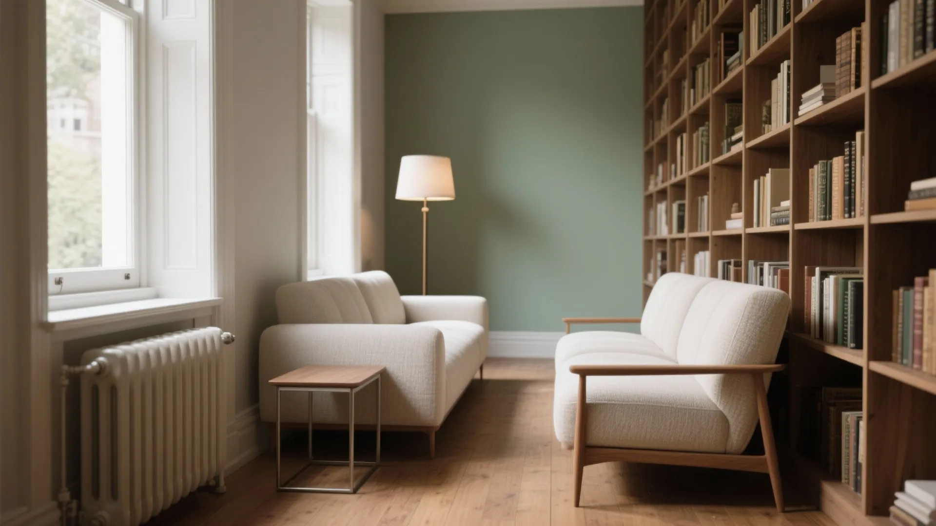 Cozy reading room with two white sofas facing a large wooden bookshelf and floor light fixture