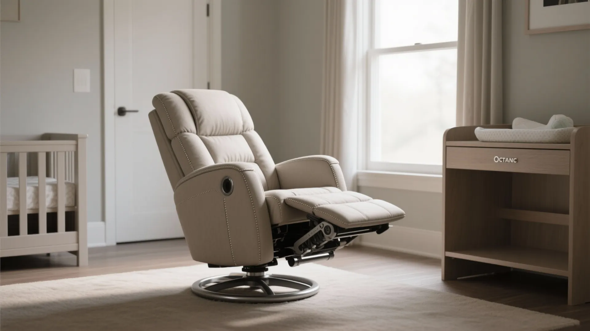 Modern cream leather reclining chair with footrest in a bright nursery room with baby crib