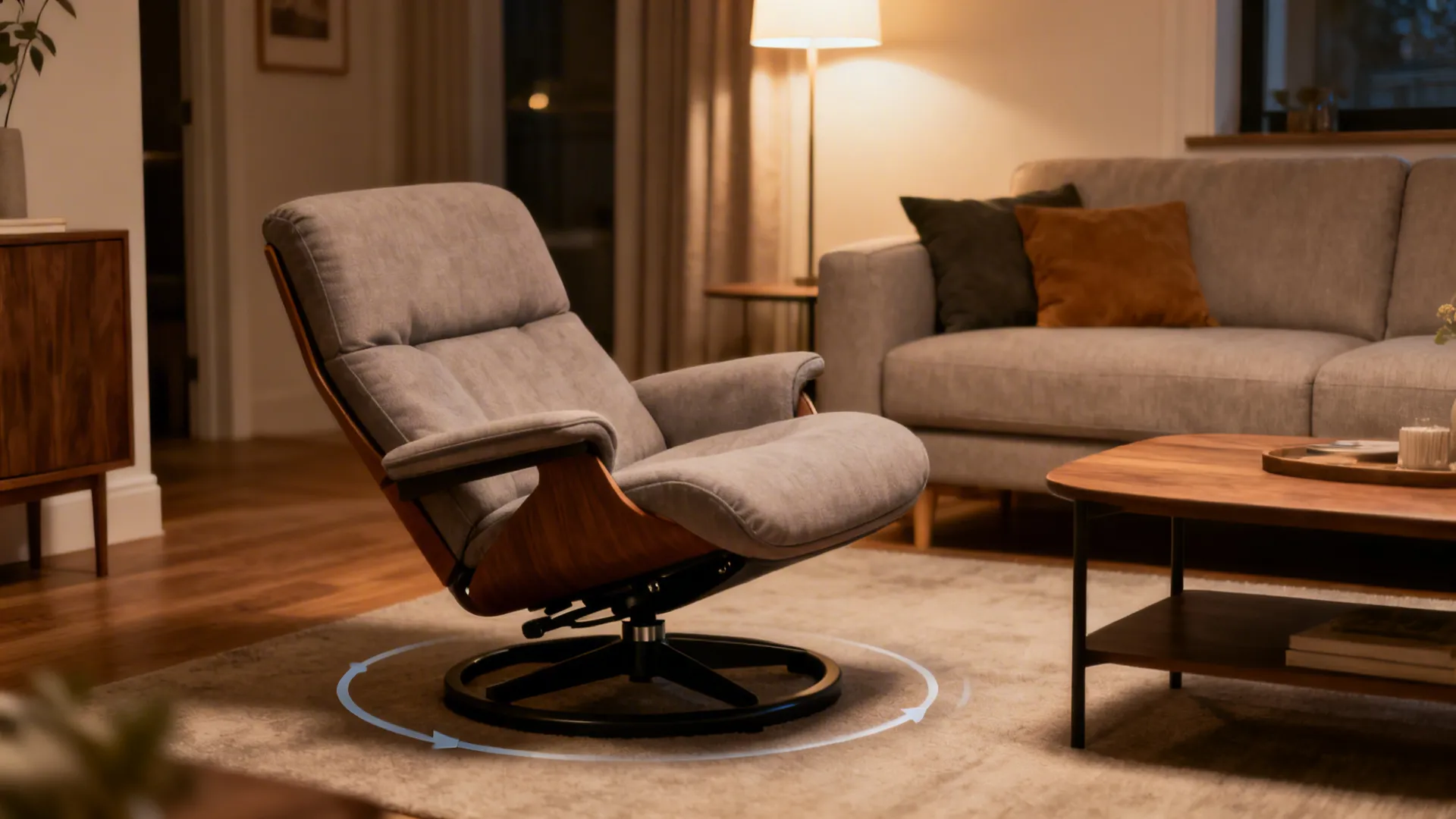 Compact recline-and-swivel chair demonstrating turning radius and recline clearance in a small living room.