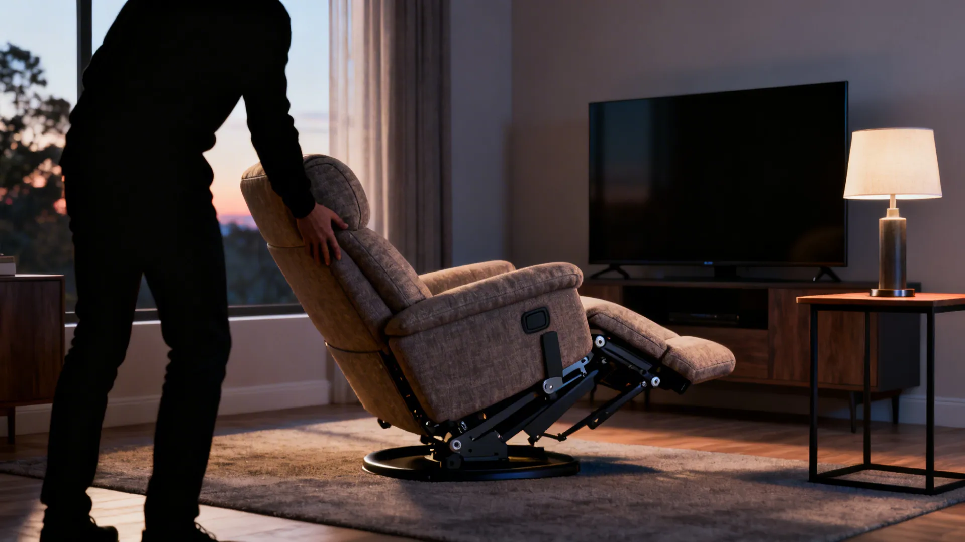 Recliner-style accent chair demonstrating adjustable lumbar support in a cozy TV corner