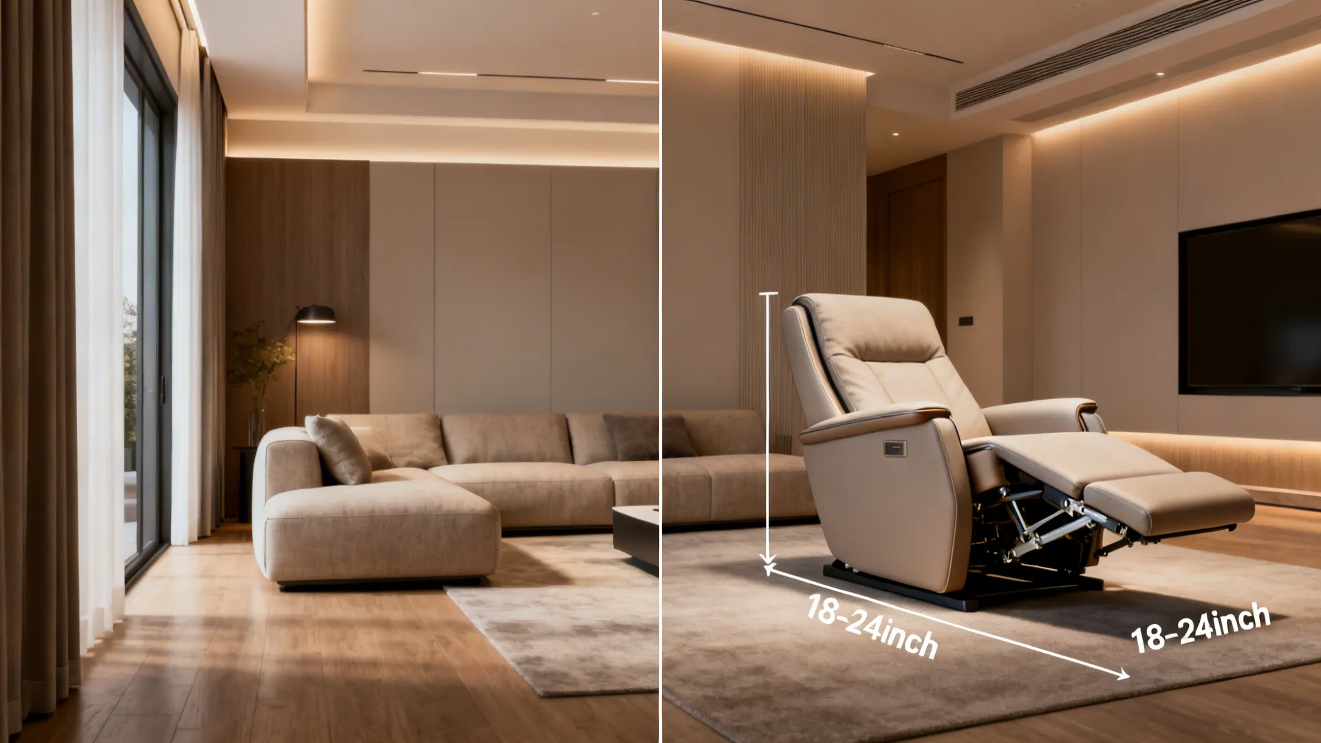 Before-and-after of a narrow living room fitted with a sleek recliner showing hidden lumbar support and reclining clearance.