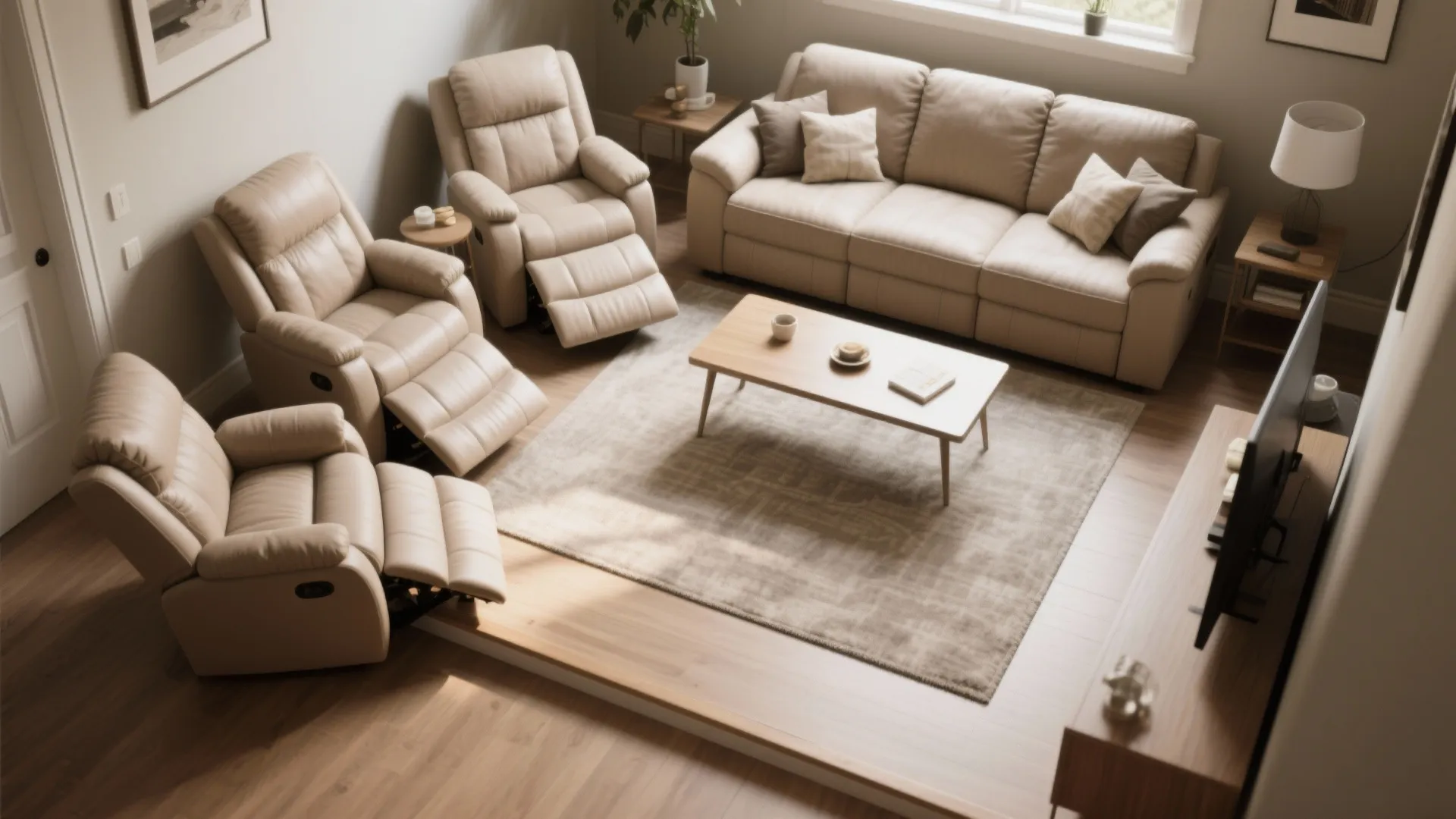Top-down layout showing clearances for small recliners for living room without text labels.