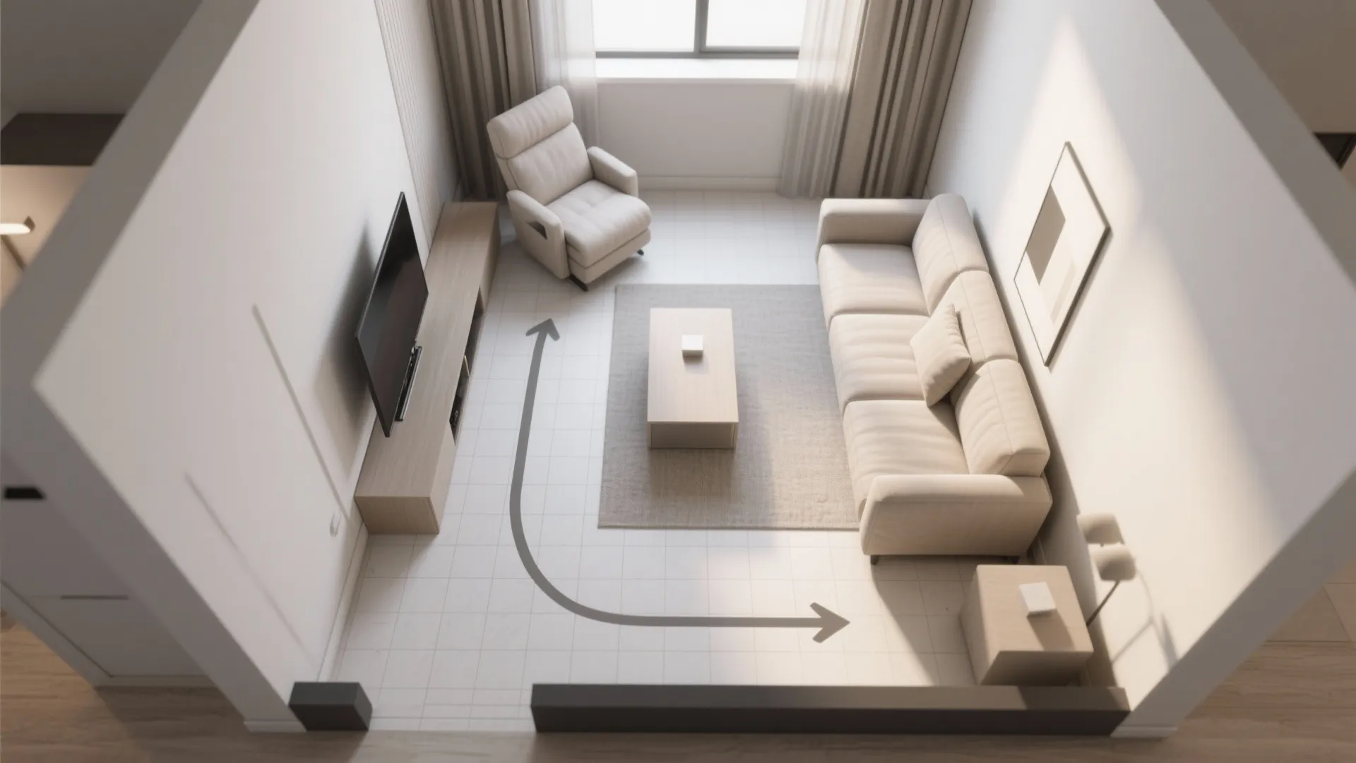 Interior design drawing of small living room layout with arrows showing walking space around furniture