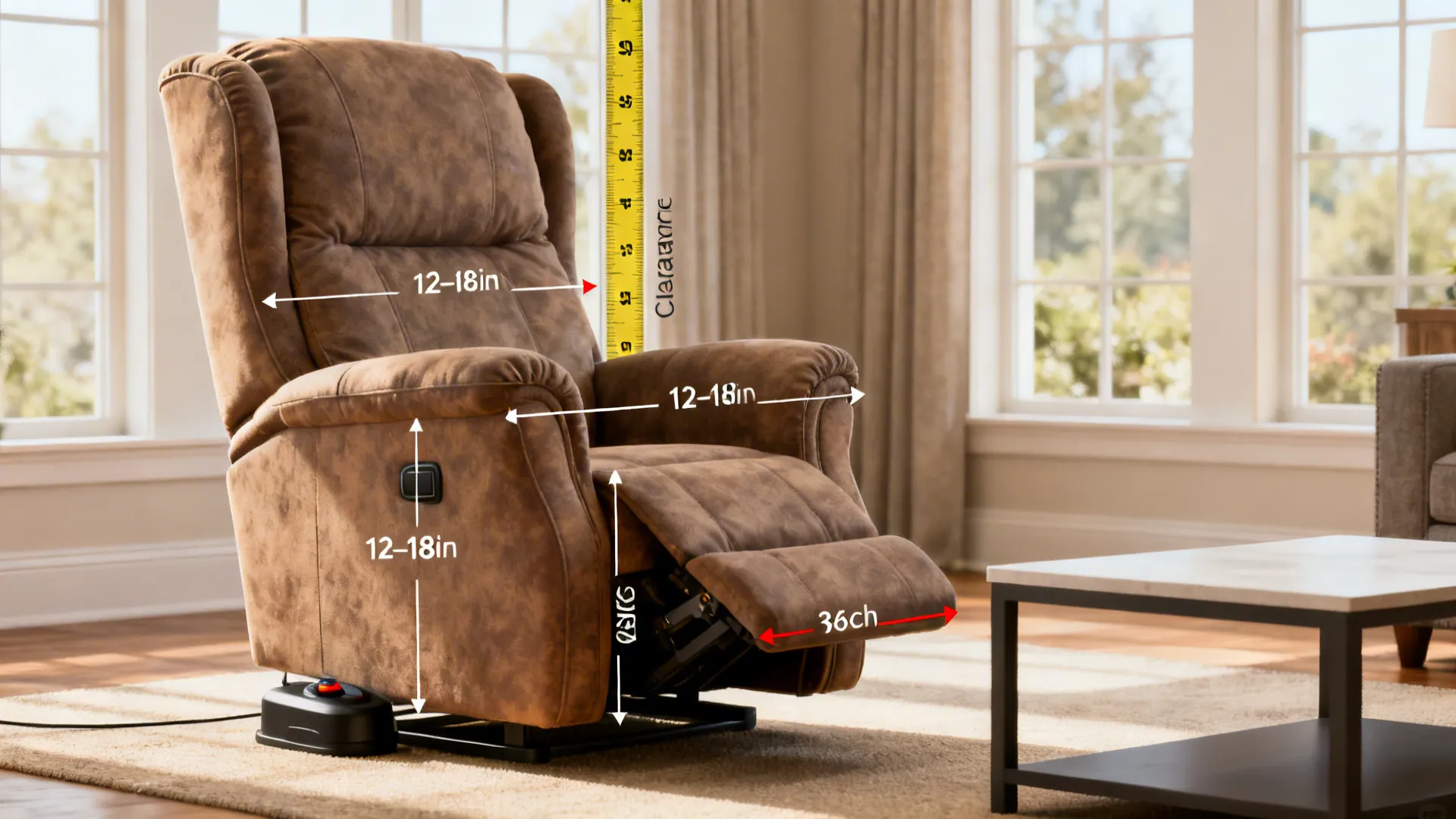 Brown recliner chair with white dimension lines for space requirements and clearance in a room